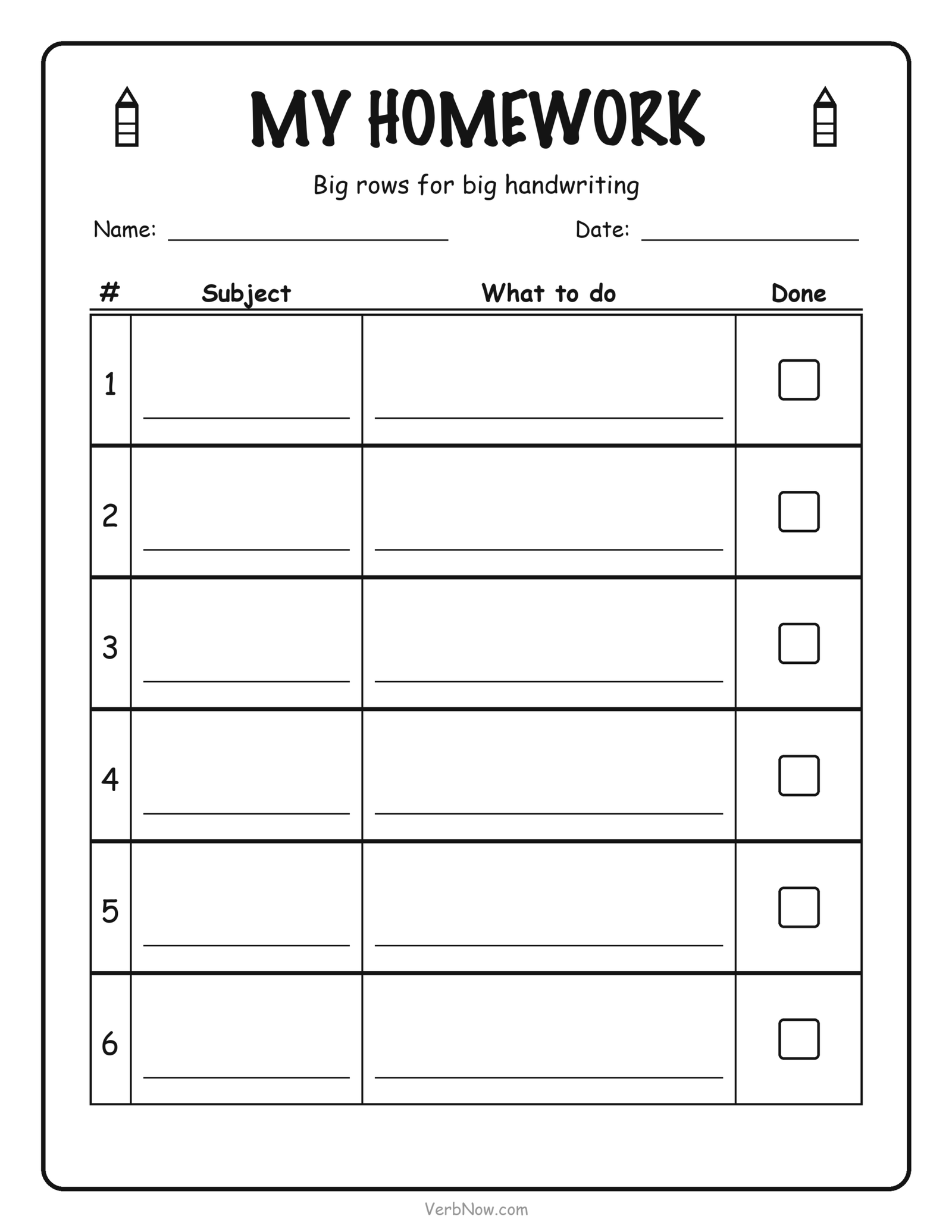 7 Free Homework Planner Printables (Daily, Weekly & Middle School) Big print homework planner for grades one to three with six tall rows for subject and assignment and a large done box