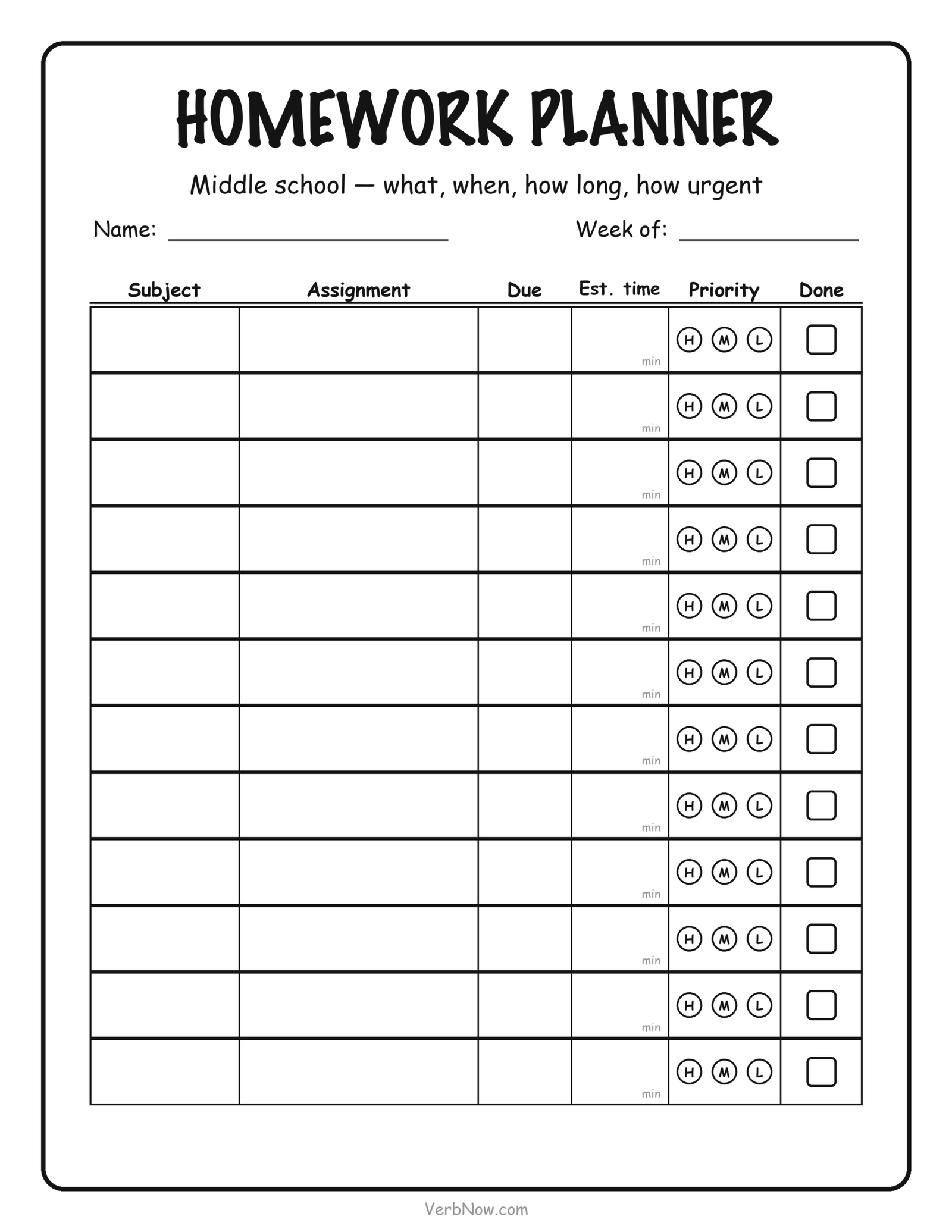 7 Free Homework Planner Printables (Daily, Weekly & Middle School) Middle school homework planner printable with twelve rows and columns for subject, assignment, due date, estimated time, priority and a done box