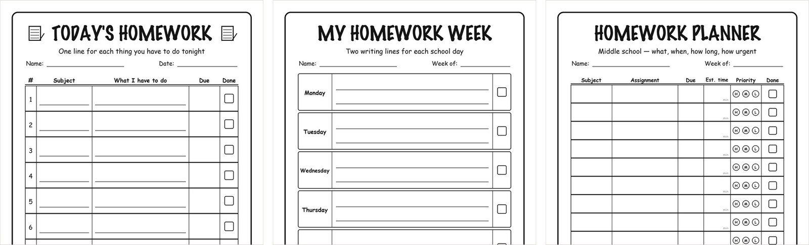 7 Free Homework Planner Printables (Daily, Weekly & Middle School) Three homework planner printables side by side: a daily planner, a weekly Monday to Friday planner and a middle school planner with priority and time columns