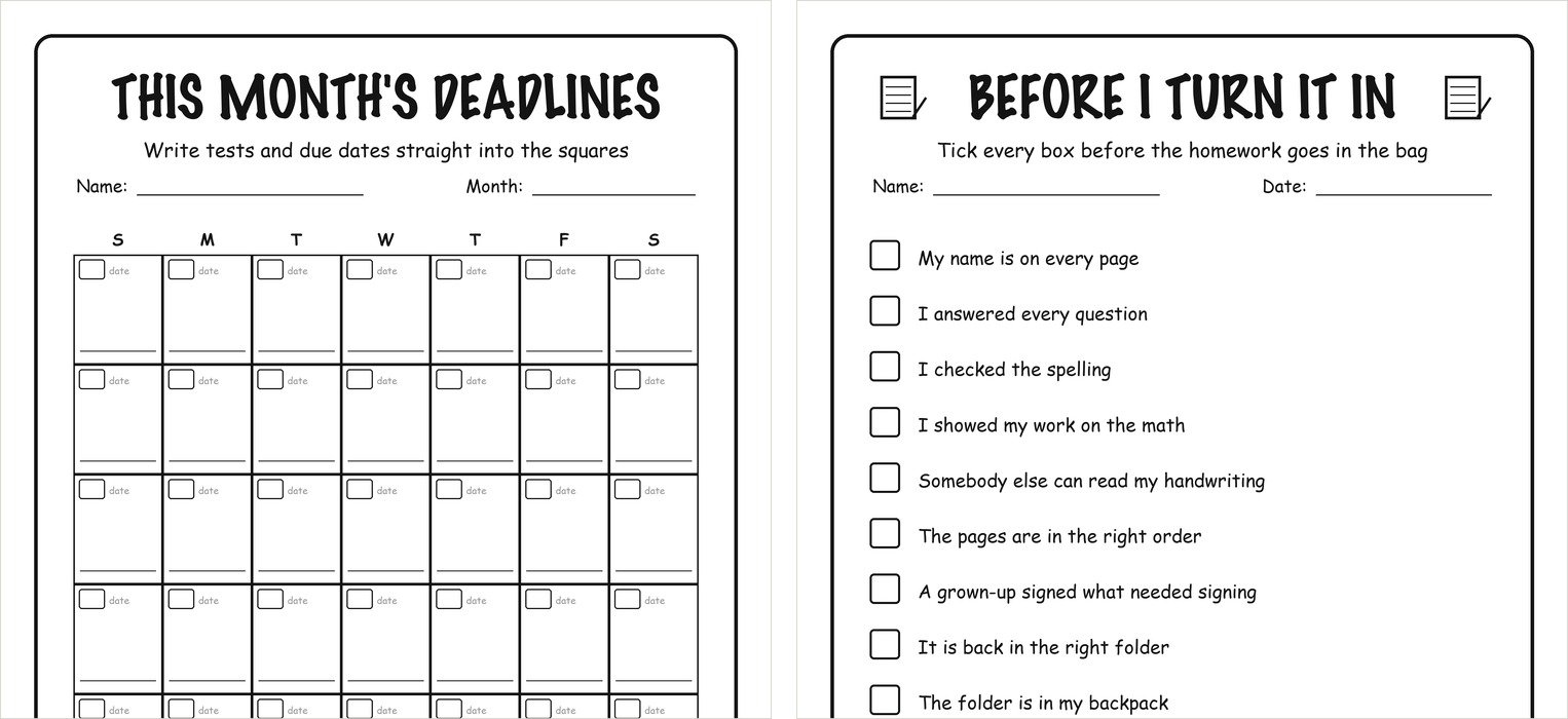 A monthly assignment tracker with day squares for test dates next to a before I turn it in homework checklist