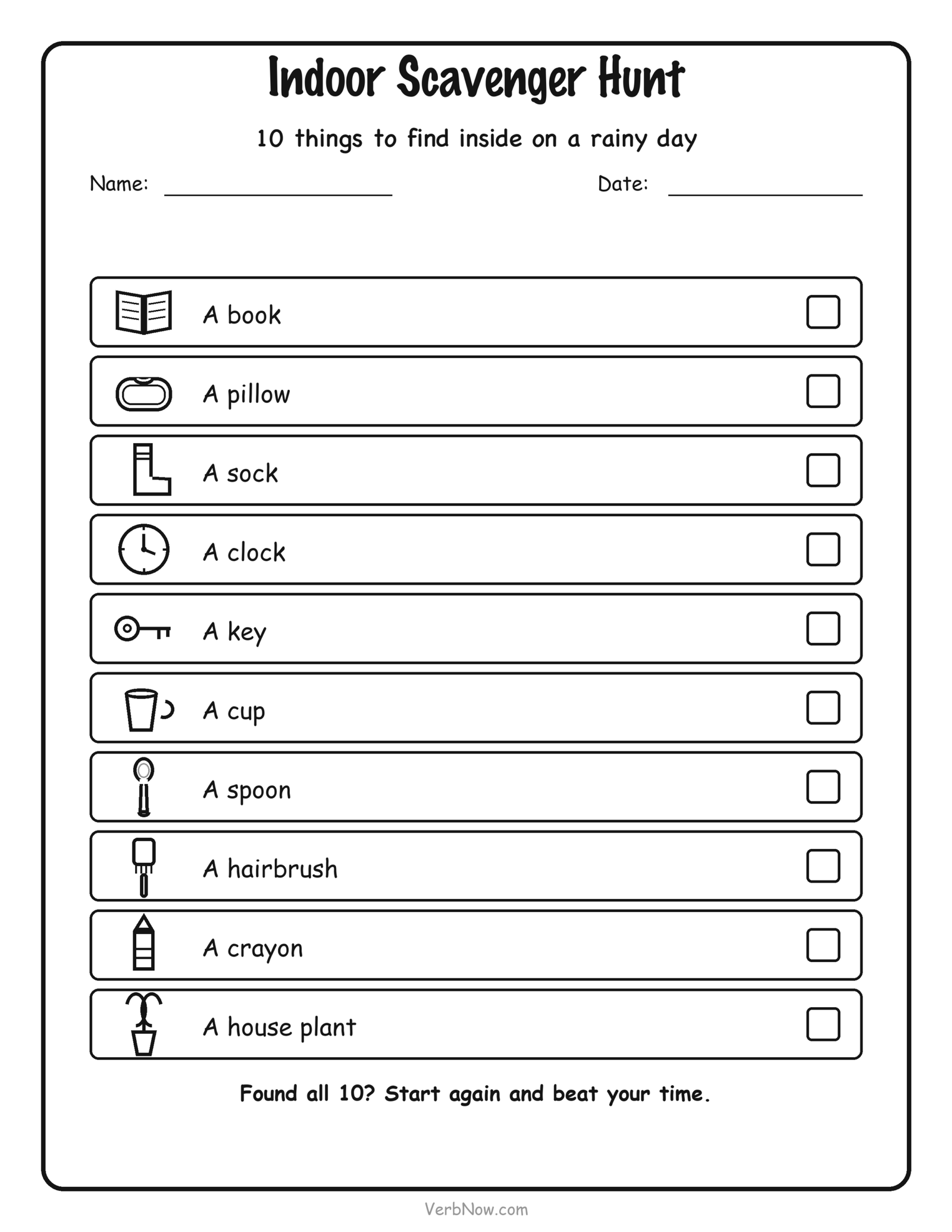 Free printable indoor scavenger hunt for kids with 10 rainy day items to find and check off