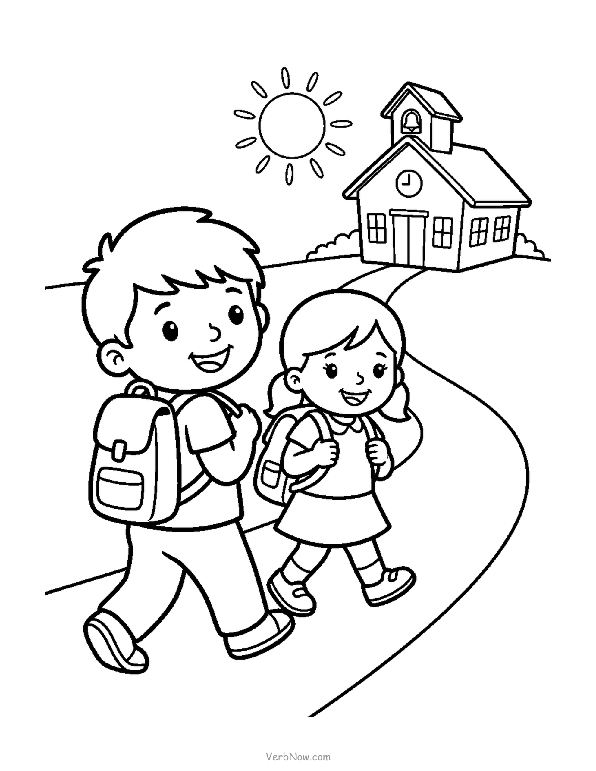 20 Free Back to School Printables (Signs, Checklists & Coloring) Kids walking to school coloring page