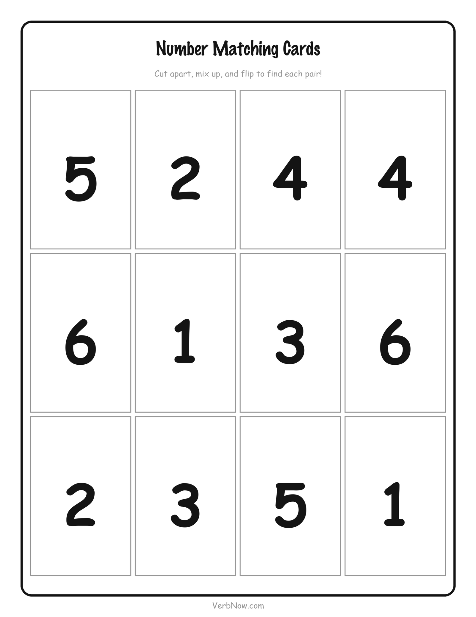 Free Printable Matching Games (3 Card Sets, Cut and Play) Free printable number matching game cards 1 to 6, 6 pairs to cut apart