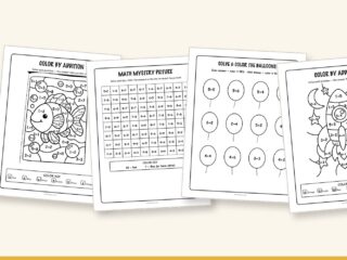 Preview of free math coloring pages: color by addition fish, math mystery picture and solve-and-color balloons