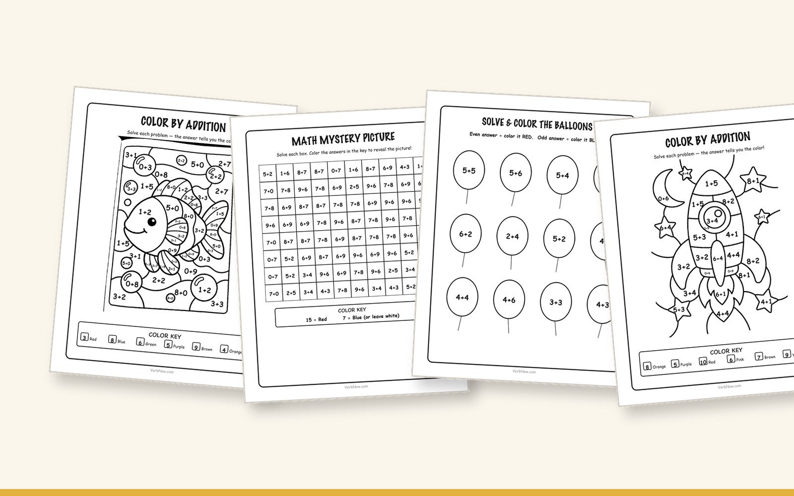 56 Free Math Coloring Pages (Addition, Subtraction & Multiplication) Preview of free math coloring pages: color by addition fish, math mystery picture and solve-and-color balloons