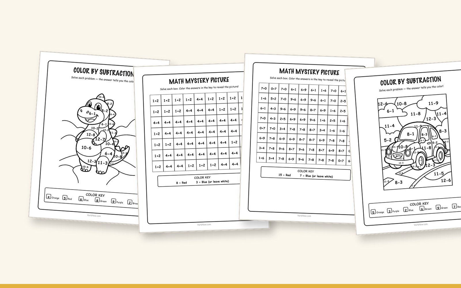56 Free Math Coloring Pages (Addition, Subtraction & Multiplication) Color by subtraction dinosaur page next to the math mystery picture grid worksheets