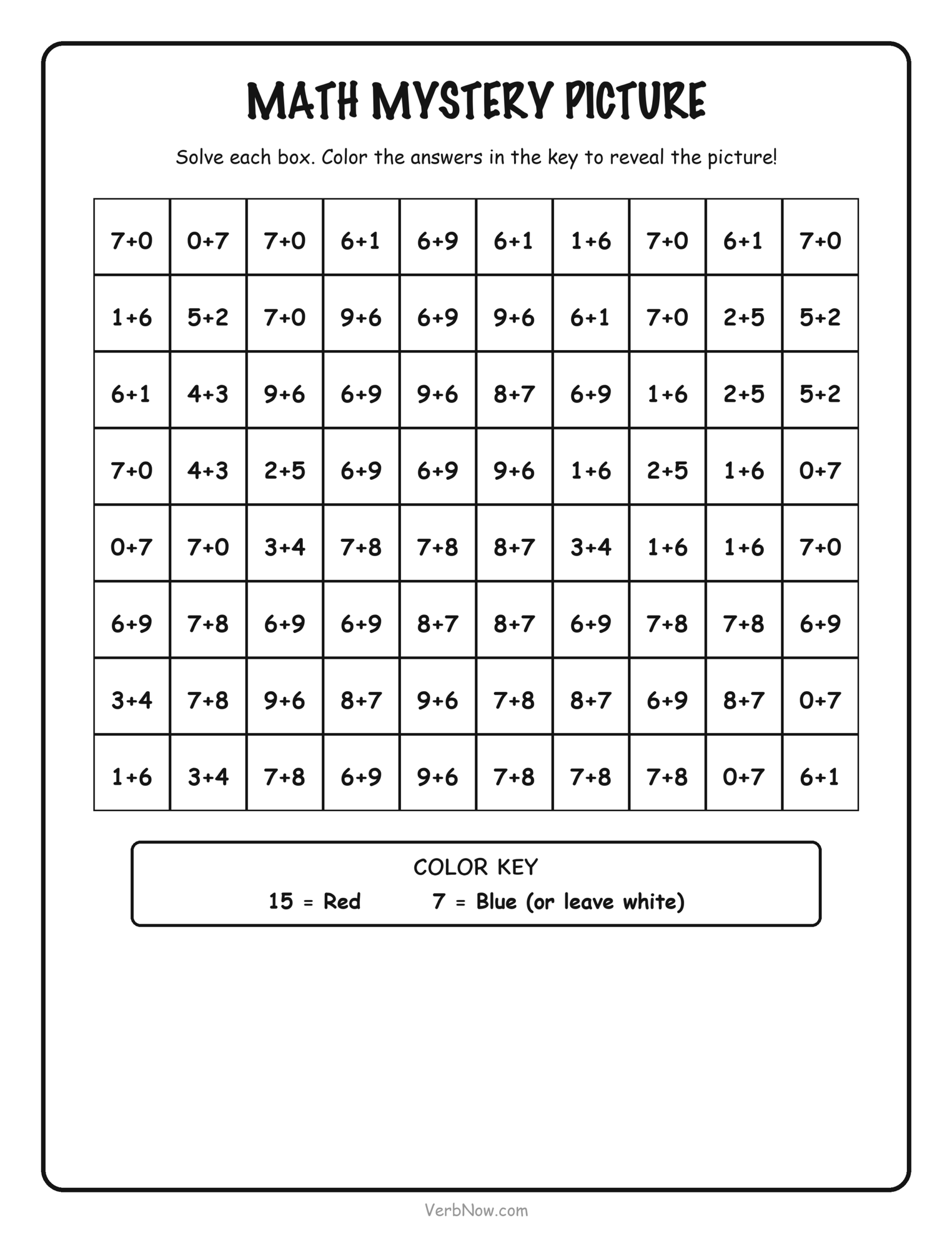 56 Free Math Coloring Pages (Addition, Subtraction & Multiplication) Math mystery picture worksheet: a grid of addition problems that reveals a hidden sailboat when colored