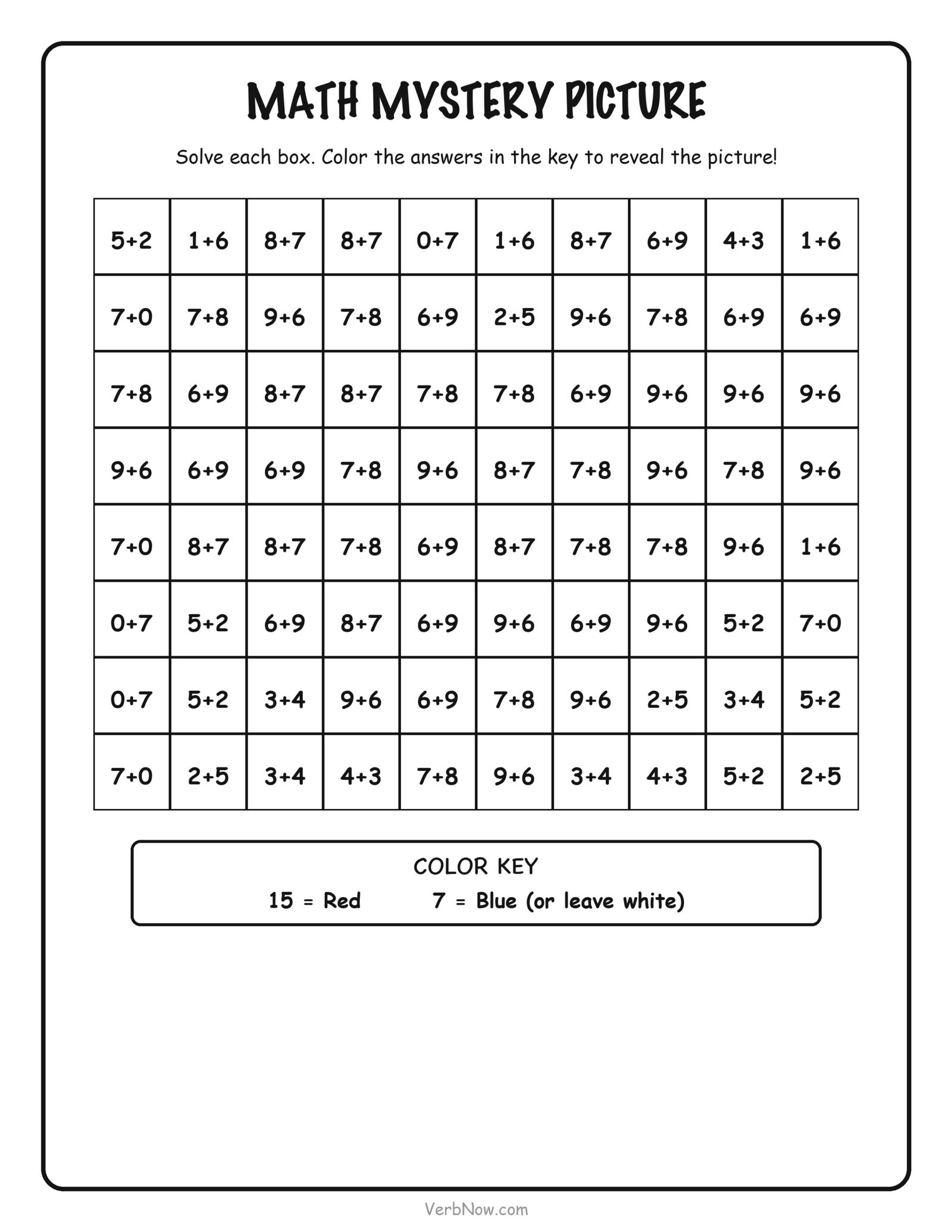 56 Free Math Coloring Pages (Addition, Subtraction & Multiplication) Math mystery picture worksheet: a grid of addition problems within 20 that reveals a hidden heart when colored