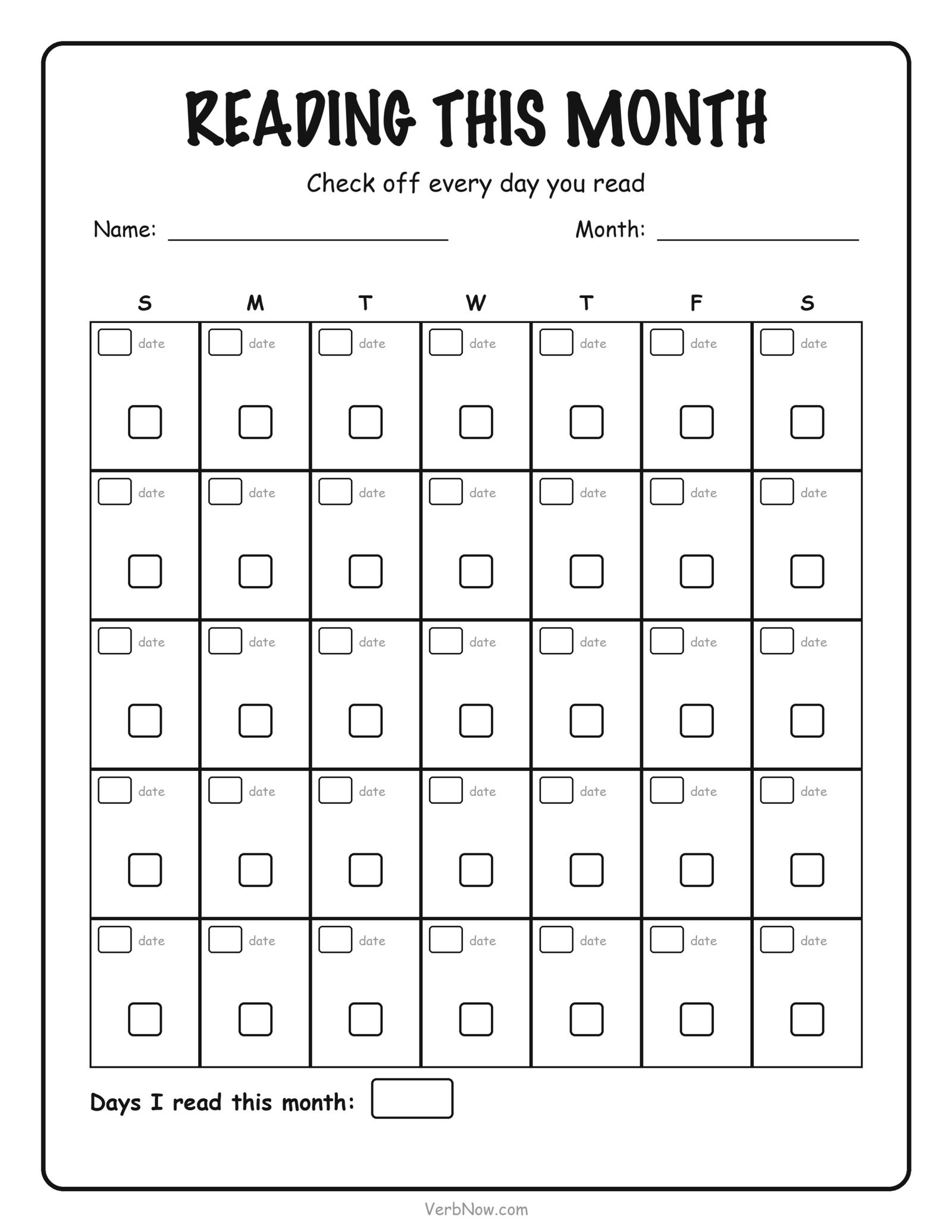 Monthly reading log calendar with thirty-five day squares to check off and a total days read box at the bottom