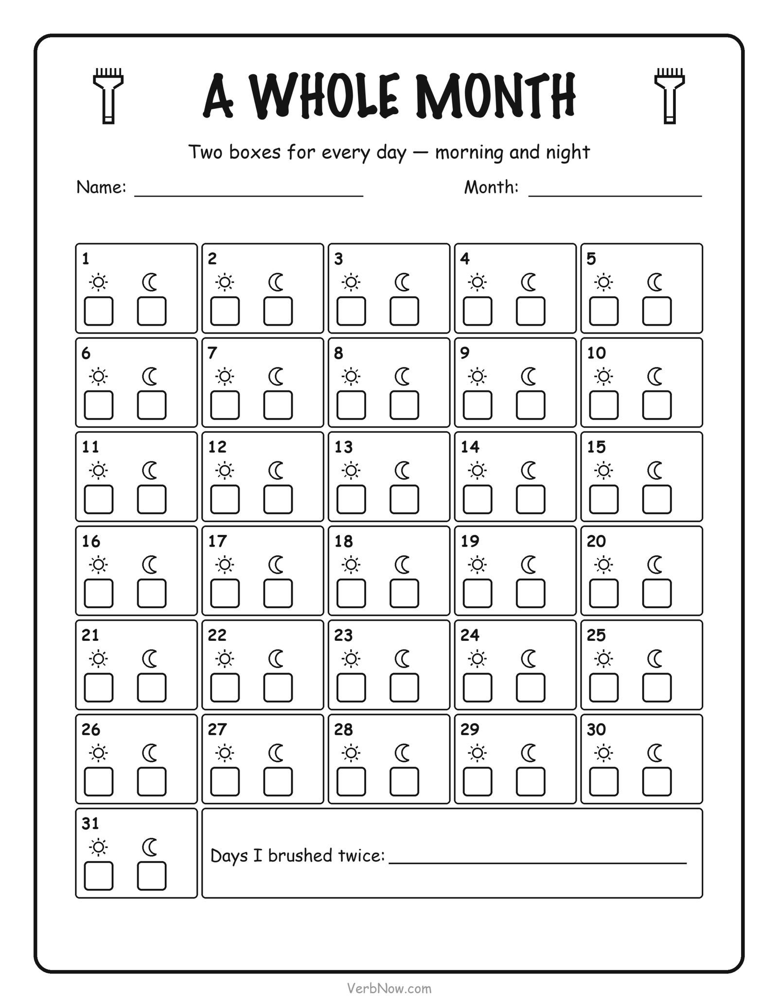 Monthly tooth brushing chart with thirty-one numbered day squares, each holding a morning and a night check box