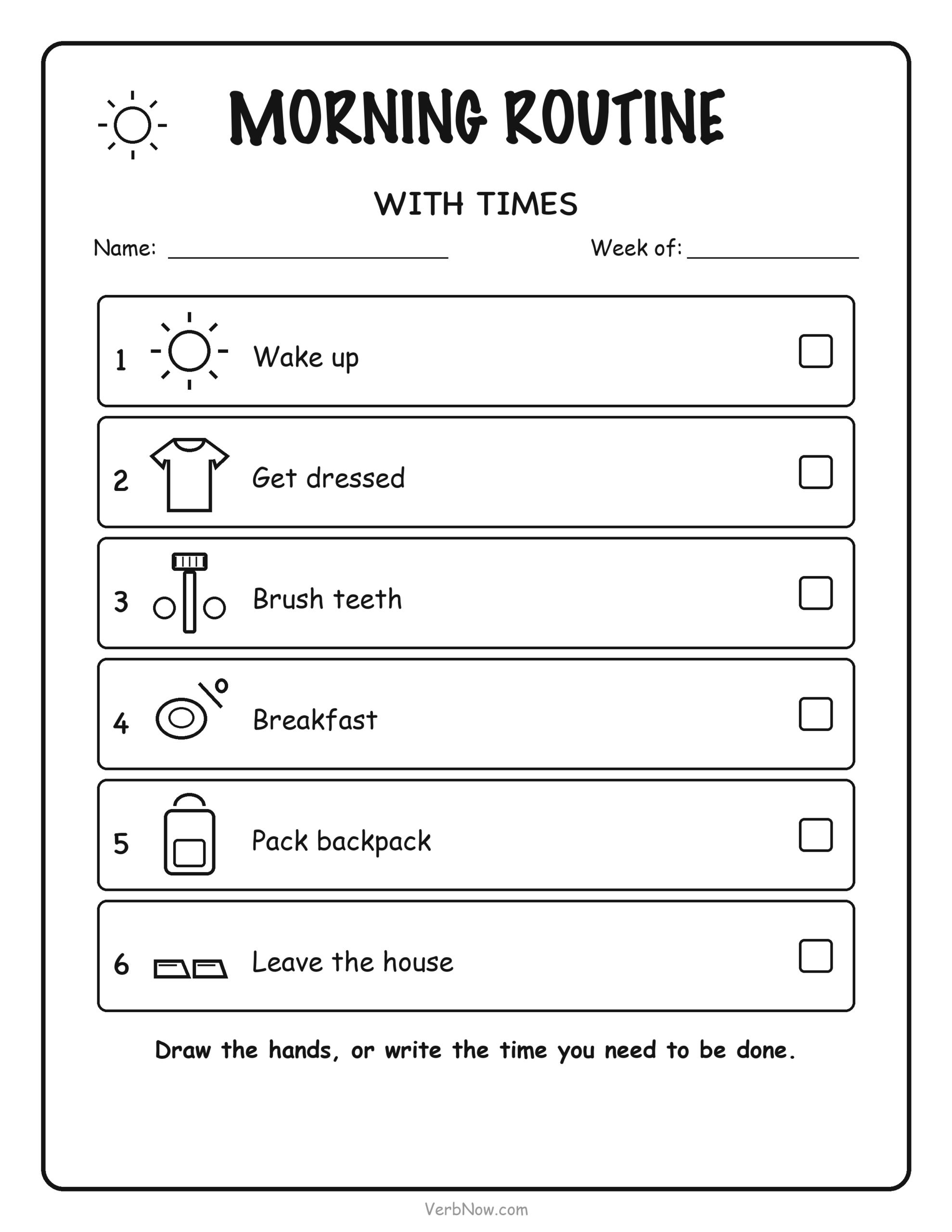 10 Free Printable Routine Charts for Kids (Morning, Bedtime & After School) Morning routine chart with clock faces