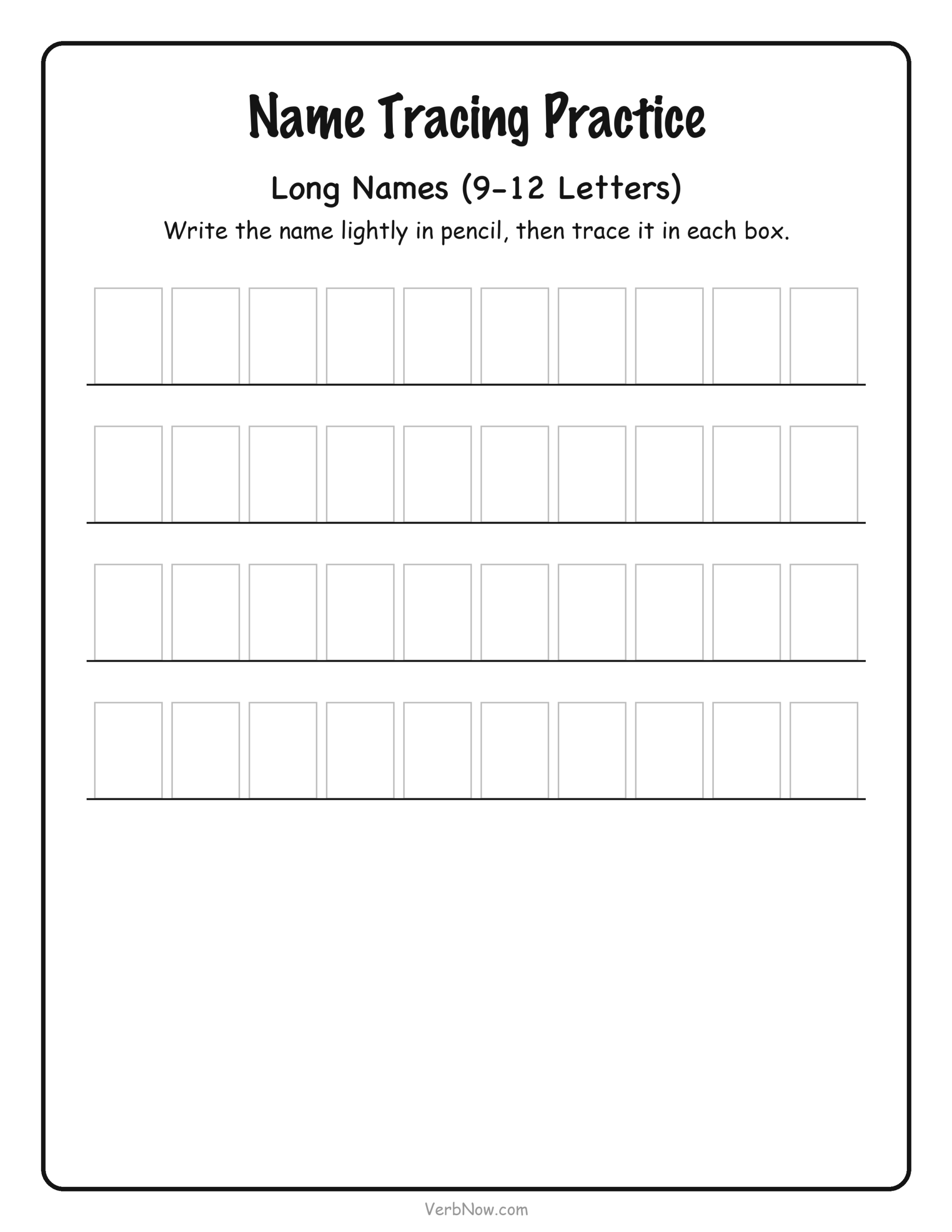 Name Tracing Template &mdash; Long Names (9-12 Letters)