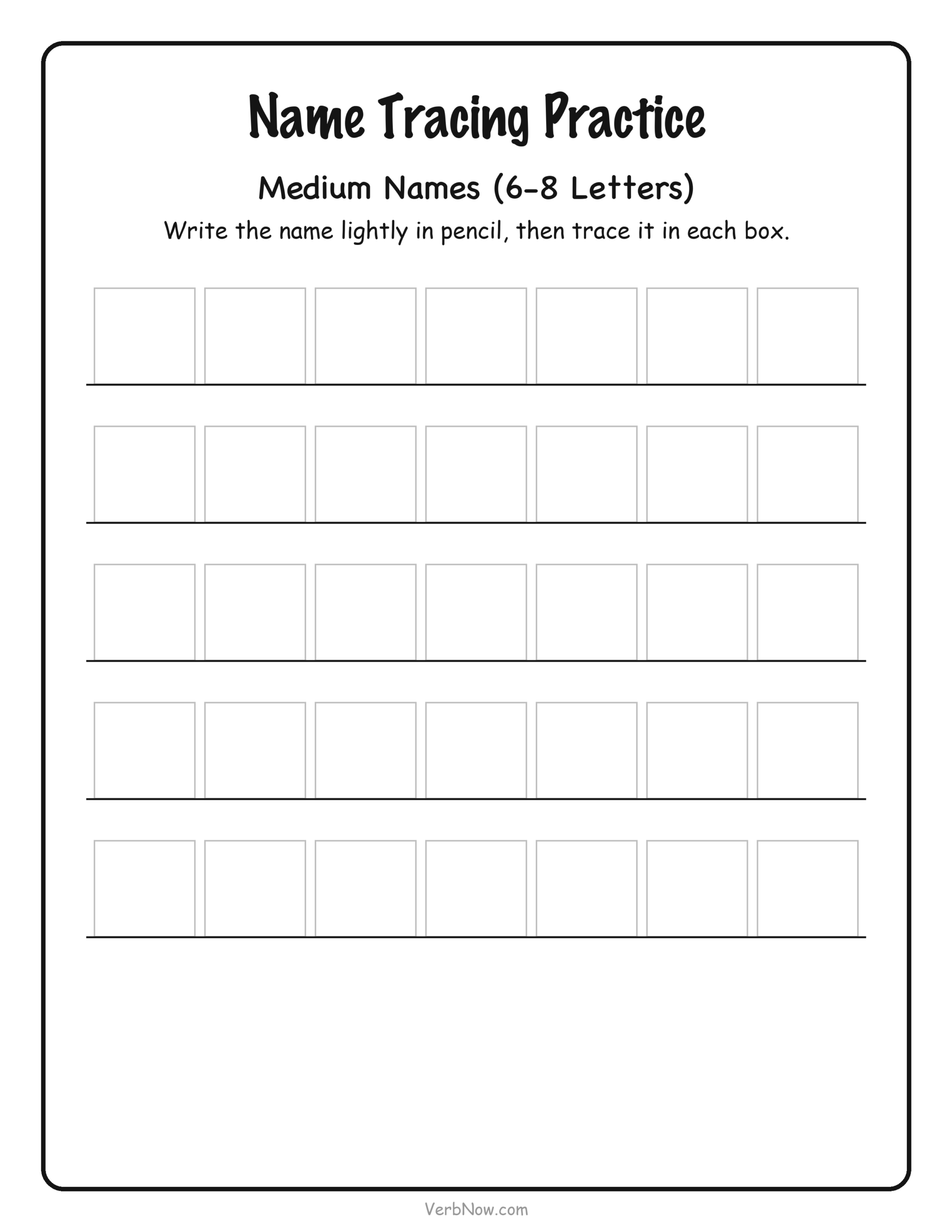 Name Tracing Template &mdash; Medium Names (6-8 Letters)
