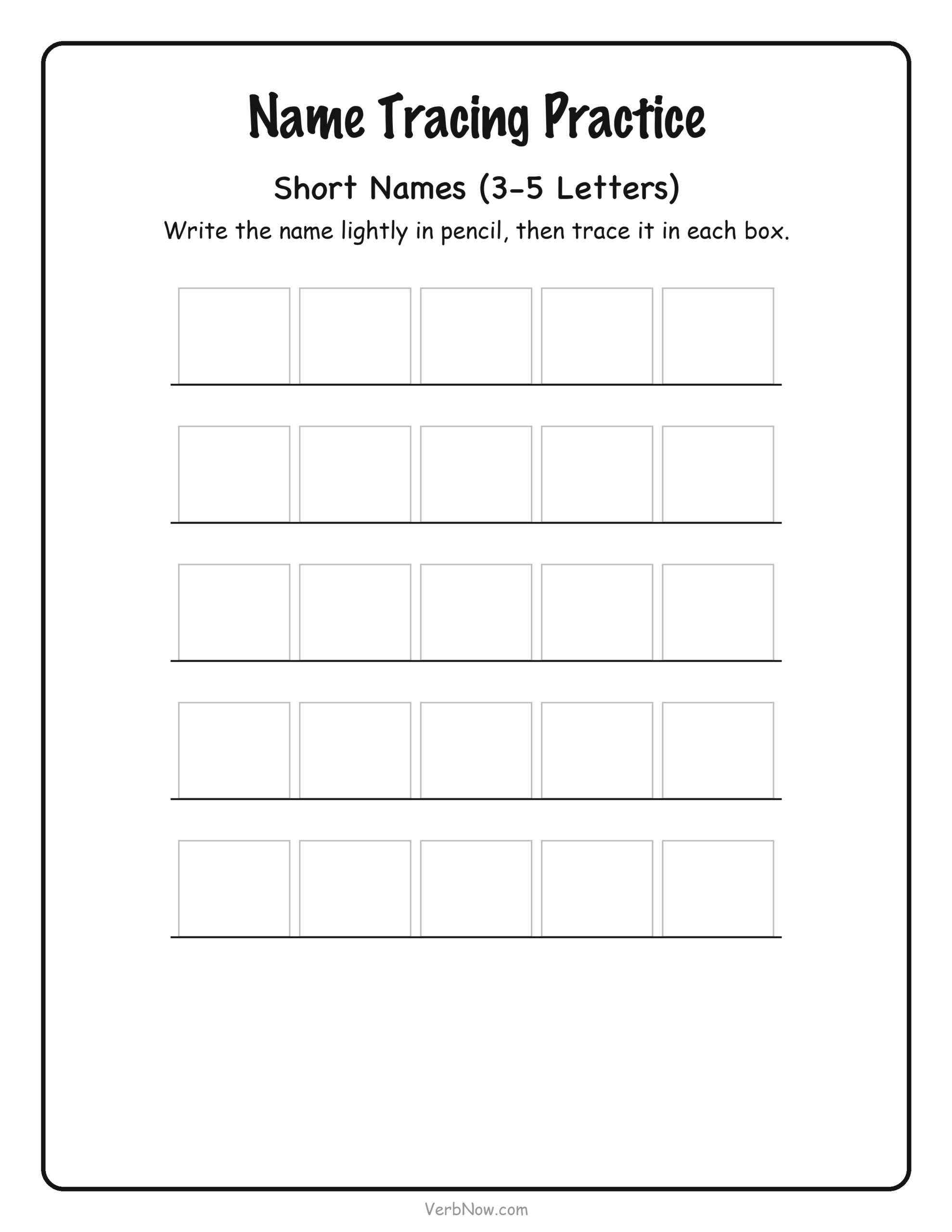 Name Tracing Template &mdash; Short Names (3-5 Letters)