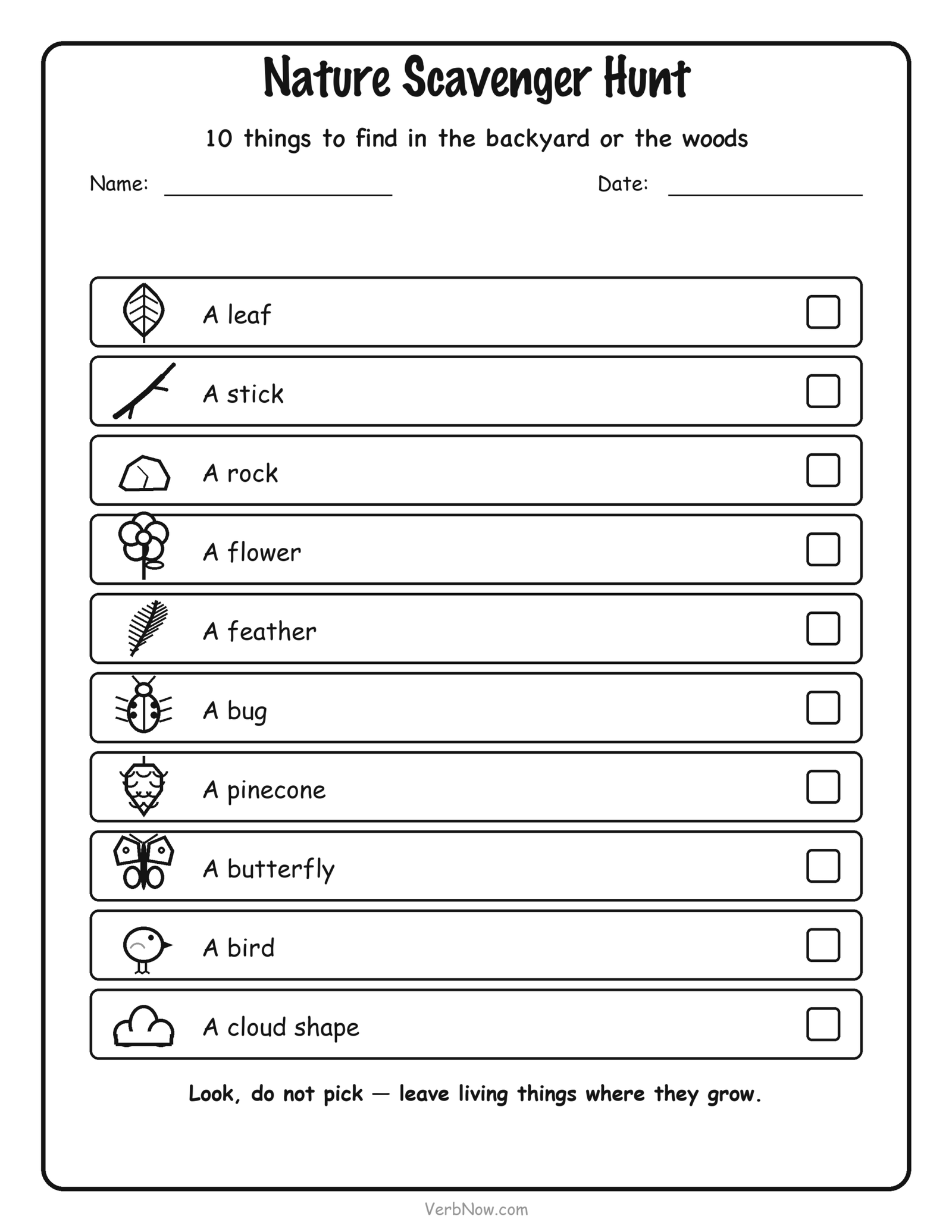 Free printable nature scavenger hunt for the backyard with 10 outdoor things to find