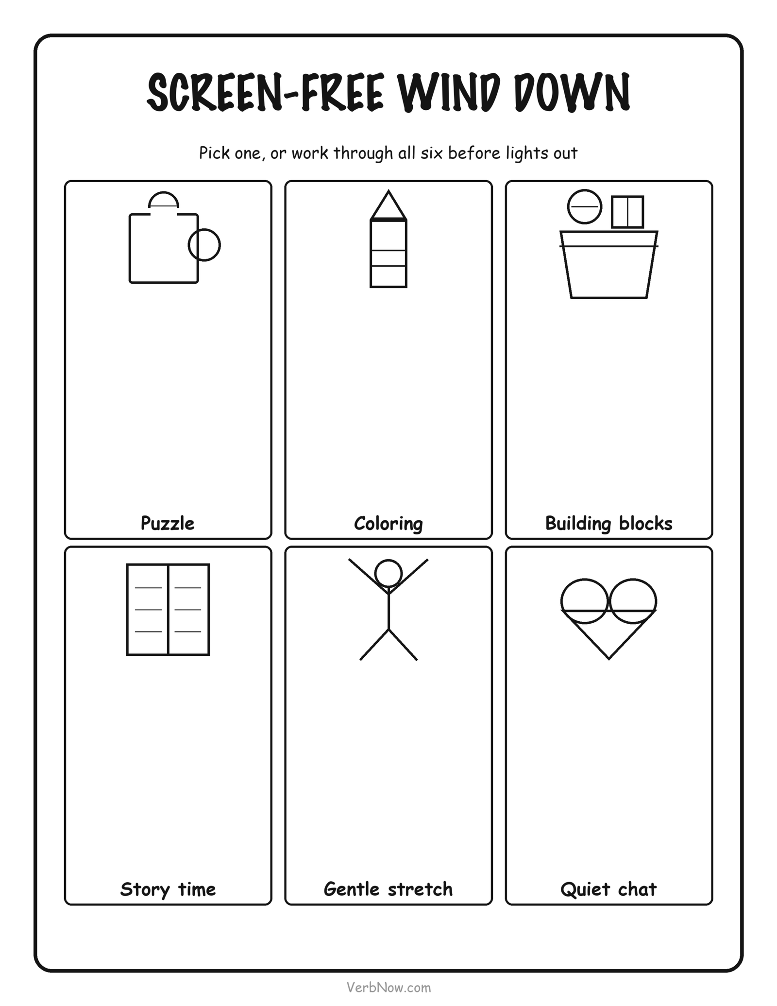 5 Bedtime Routine Charts That Actually Stop the Stalling Screen-free bedtime wind-down chart with six activity cards including puzzle, coloring and gentle stretch