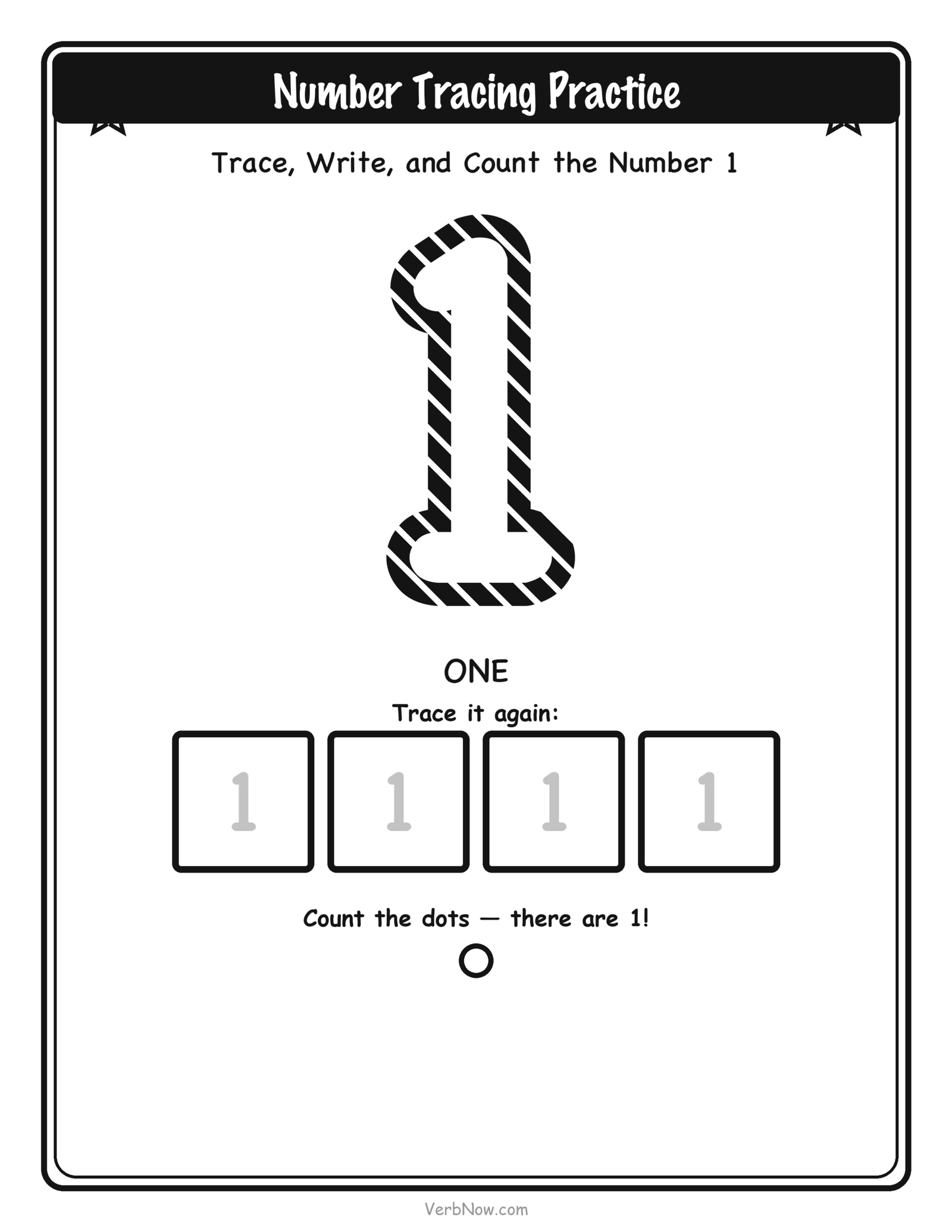 20 Free Number Tracing Worksheets (Numbers 1-20) Number 1 (one) tracing worksheet: large dashed outline numeral 1 to trace, four small write-it-again boxes, and 1 counting dot below