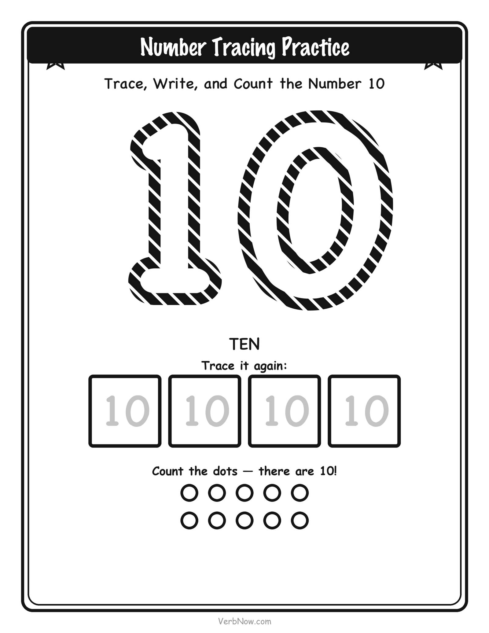 20 Free Number Tracing Worksheets (Numbers 1-20) Number 10 (ten) tracing worksheet: large dashed outline numeral 10 to trace, four small write-it-again boxes, and 10 counting dots below