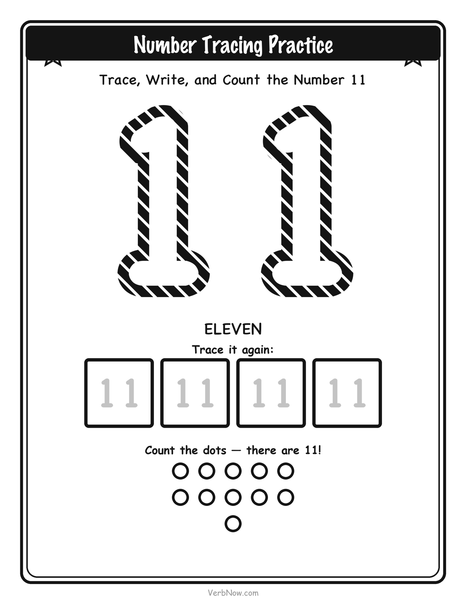 20 Free Number Tracing Worksheets (Numbers 1-20) Number 11 (eleven) tracing worksheet: large dashed outline numeral 11 to trace, four small write-it-again boxes, and 11 counting dots below