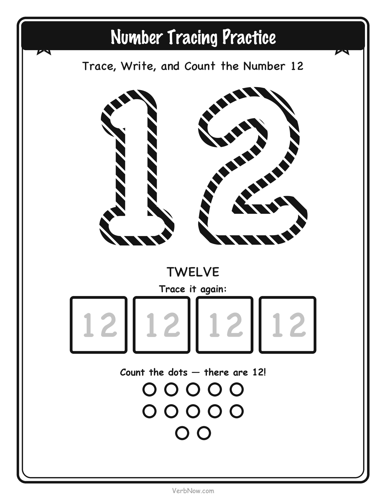 20 Free Number Tracing Worksheets (Numbers 1-20) Number 12 (twelve) tracing worksheet: large dashed outline numeral 12 to trace, four small write-it-again boxes, and 12 counting dots below