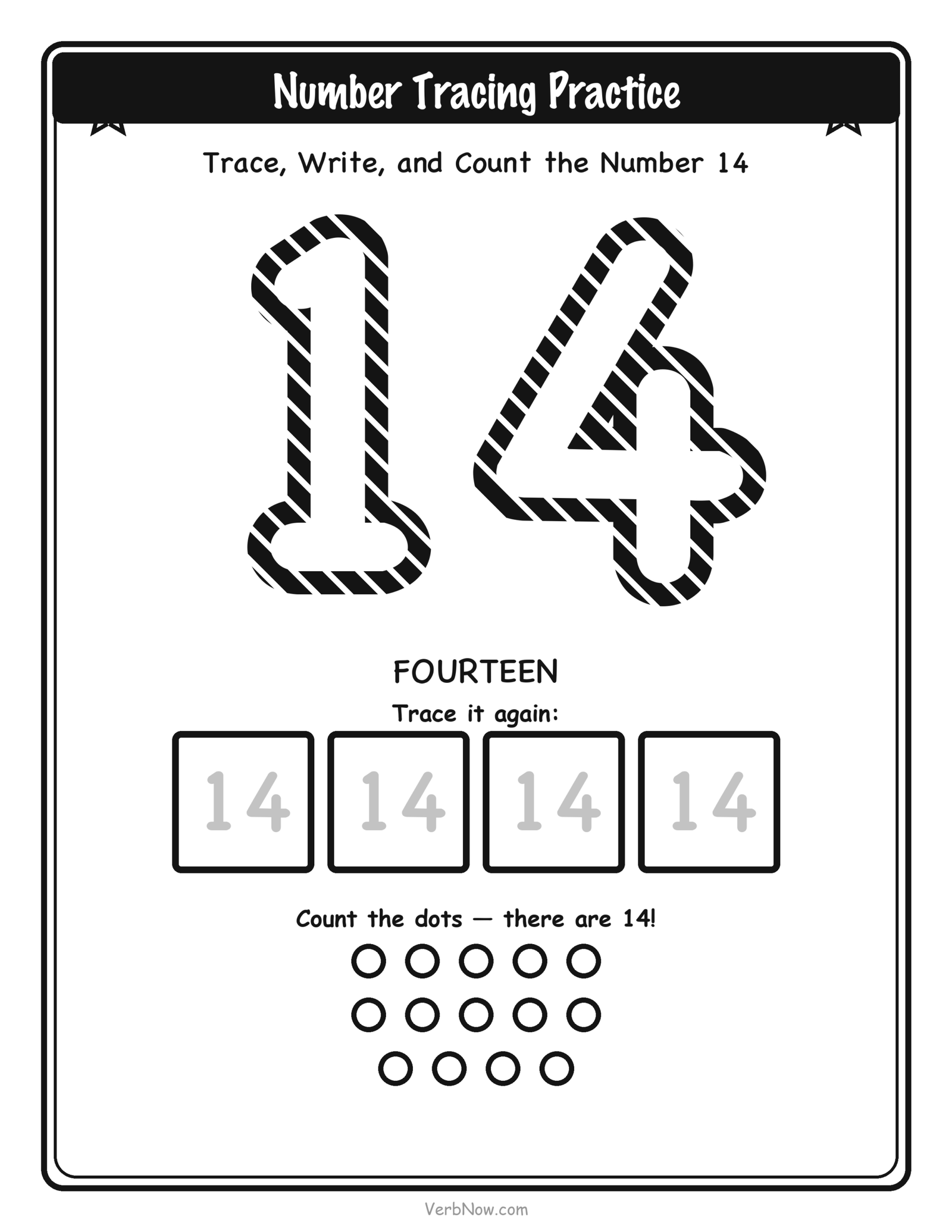 20 Free Number Tracing Worksheets (Numbers 1-20) Number 14 (fourteen) tracing worksheet: large dashed outline numeral 14 to trace, four small write-it-again boxes, and 14 counting dots below