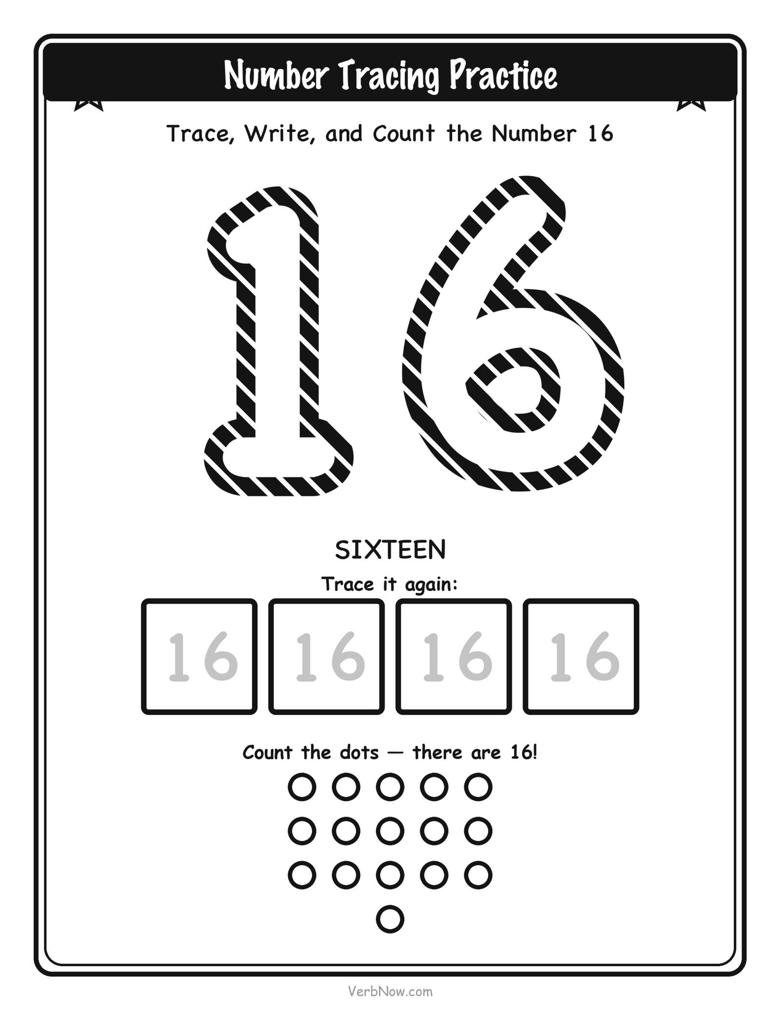 20 Free Number Tracing Worksheets (Numbers 1-20) Number 16 (sixteen) tracing worksheet: large dashed outline numeral 16 to trace, four small write-it-again boxes, and 16 counting dots below