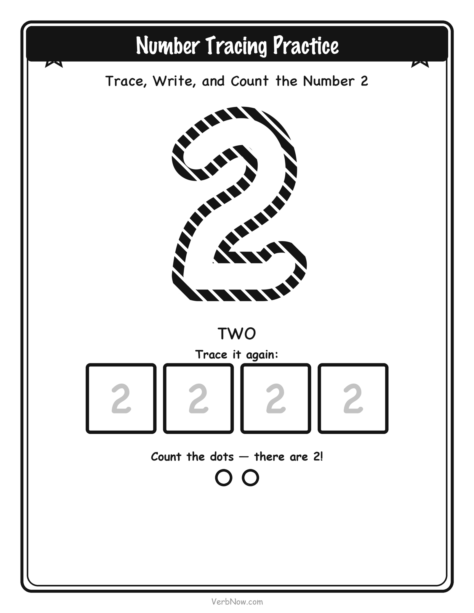 20 Free Number Tracing Worksheets (Numbers 1-20) Number 2 (two) tracing worksheet: large dashed outline numeral 2 to trace, four small write-it-again boxes, and 2 counting dots below