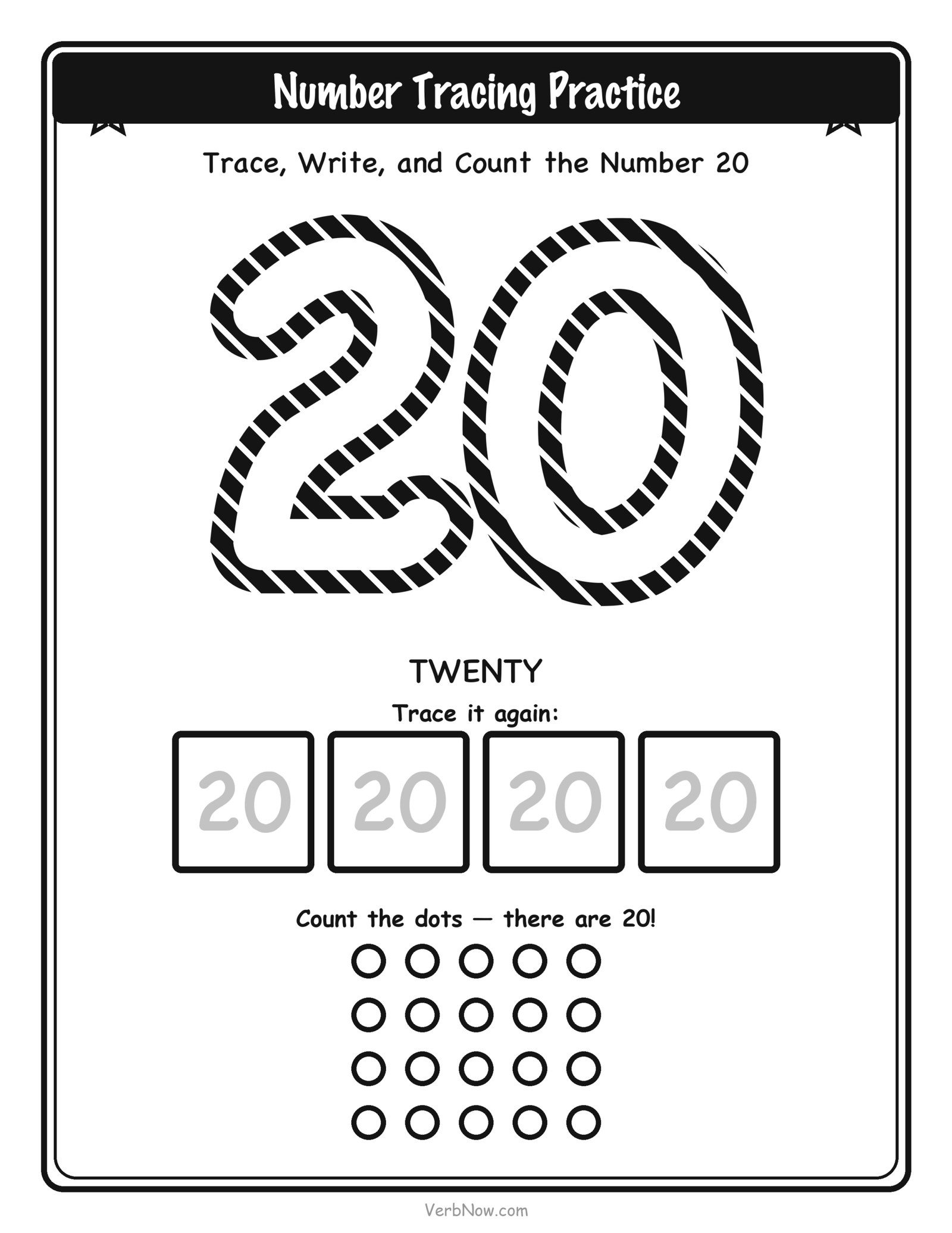 20 Free Number Tracing Worksheets (Numbers 1-20) Number 20 (twenty) tracing worksheet: large dashed outline numeral 20 to trace, four small write-it-again boxes, and 20 counting dots below