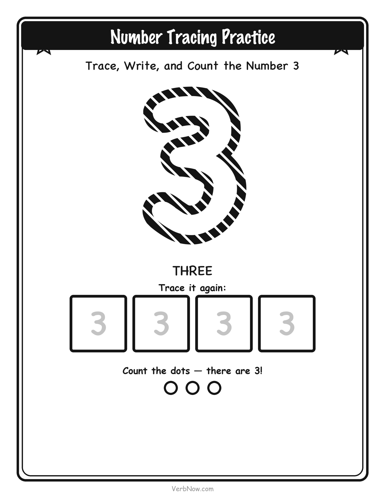 20 Free Number Tracing Worksheets (Numbers 1-20) Number 3 (three) tracing worksheet: large dashed outline numeral 3 to trace, four small write-it-again boxes, and 3 counting dots below