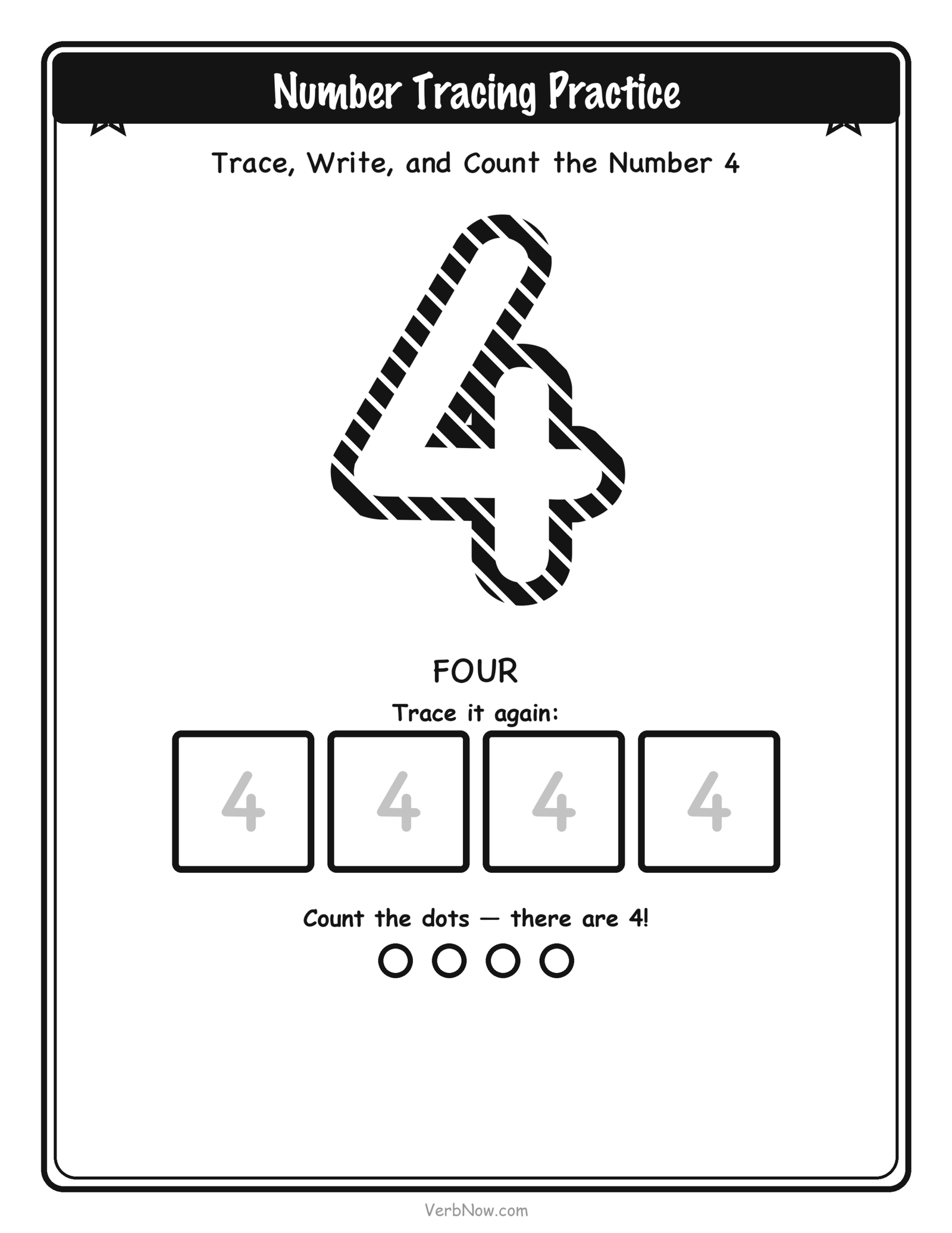 20 Free Number Tracing Worksheets (Numbers 1-20) Number 4 (four) tracing worksheet: large dashed outline numeral 4 to trace, four small write-it-again boxes, and 4 counting dots below