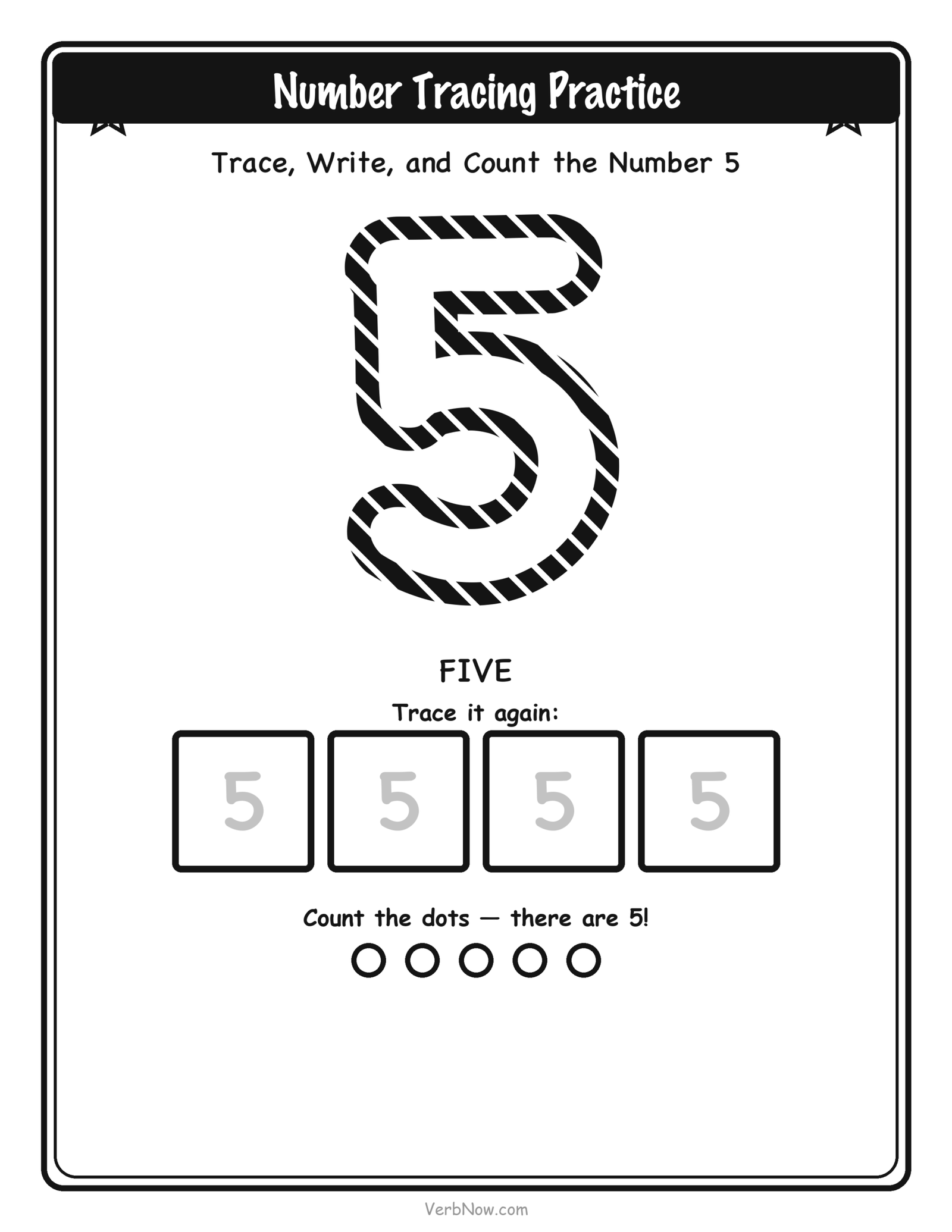 20 Free Number Tracing Worksheets (Numbers 1-20) Number 5 (five) tracing worksheet: large dashed outline numeral 5 to trace, four small write-it-again boxes, and 5 counting dots below