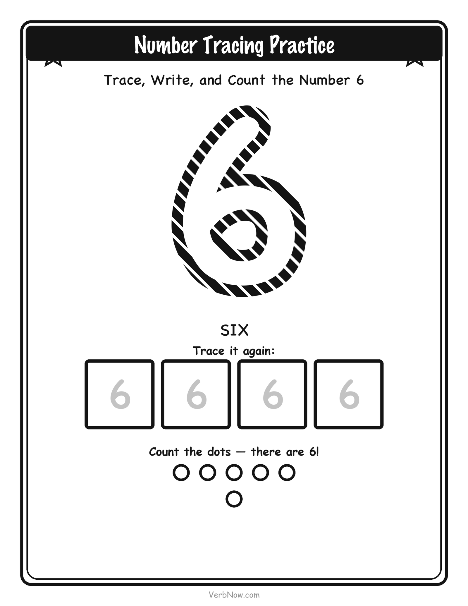 20 Free Number Tracing Worksheets (Numbers 1-20) Number 6 (six) tracing worksheet: large dashed outline numeral 6 to trace, four small write-it-again boxes, and 6 counting dots below