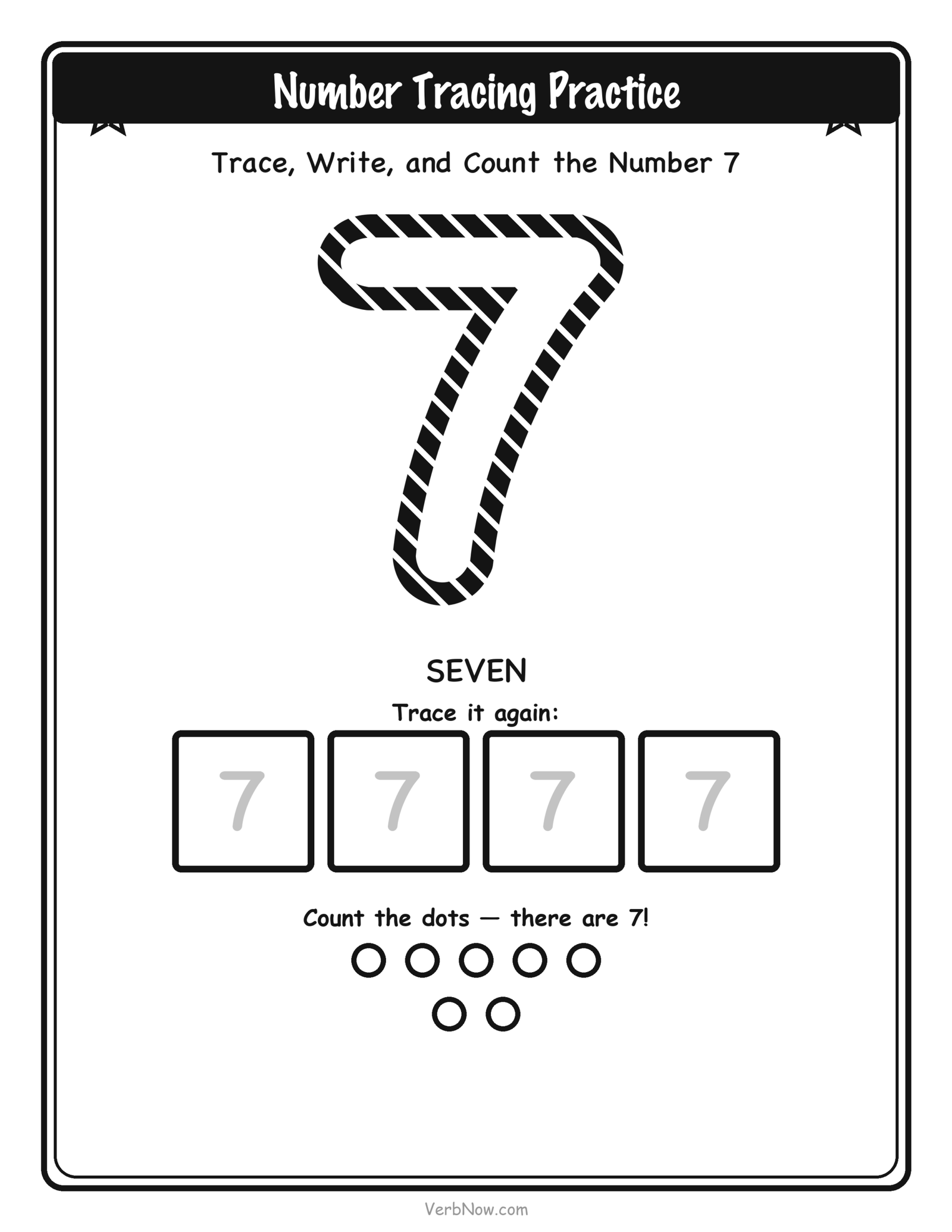 20 Free Number Tracing Worksheets (Numbers 1-20) Number 7 (seven) tracing worksheet: large dashed outline numeral 7 to trace, four small write-it-again boxes, and 7 counting dots below