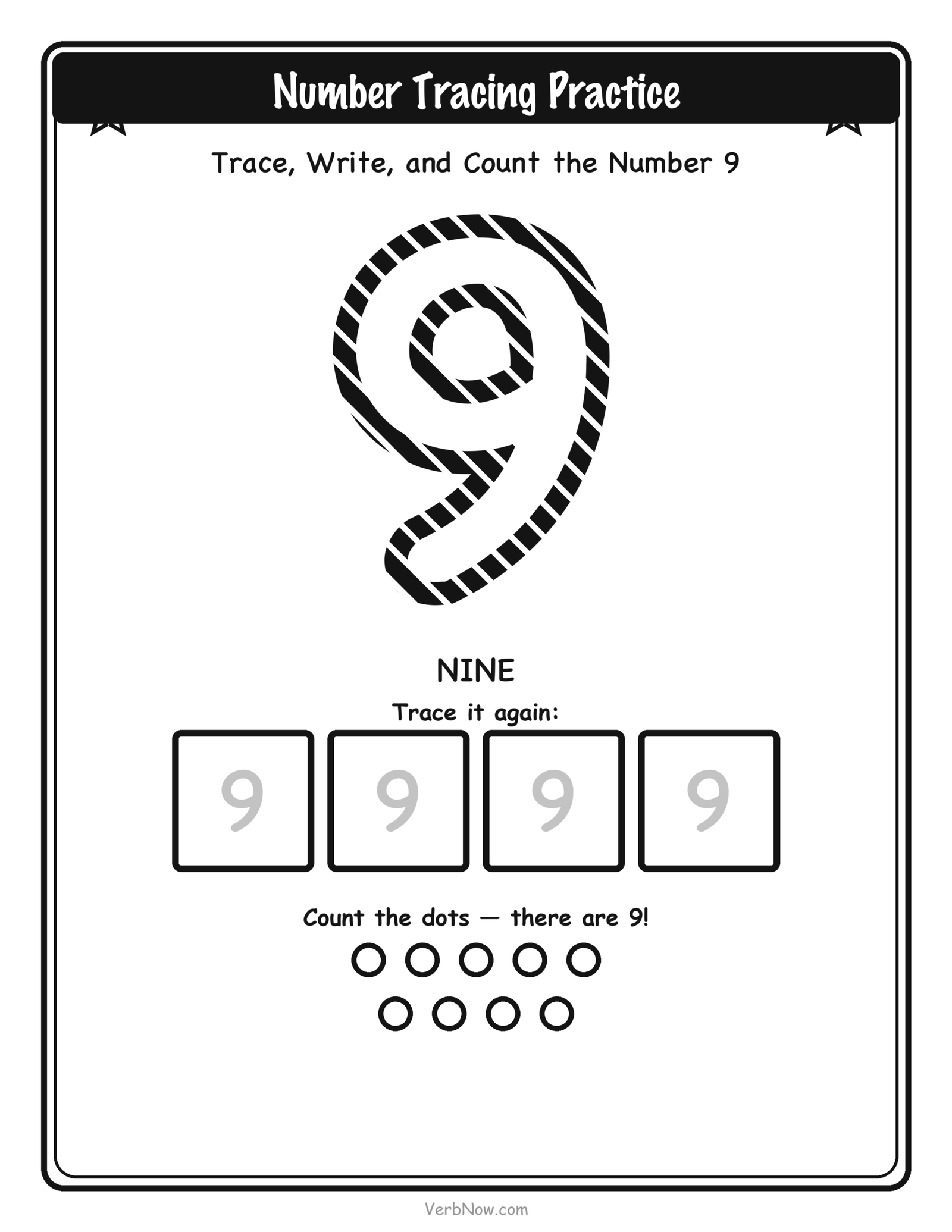 20 Free Number Tracing Worksheets (Numbers 1-20) Number 9 (nine) tracing worksheet: large dashed outline numeral 9 to trace, four small write-it-again boxes, and 9 counting dots below