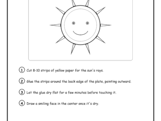 Step-by-step diagram for a paper plate sun craft, free printable instructions