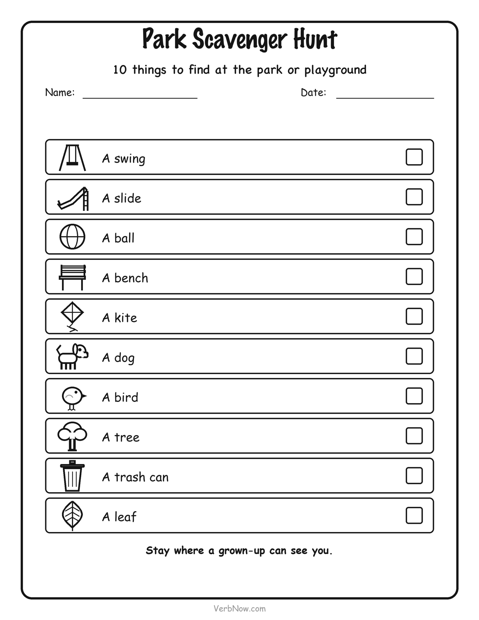 Free printable park scavenger hunt with 10 playground things for kids to find
