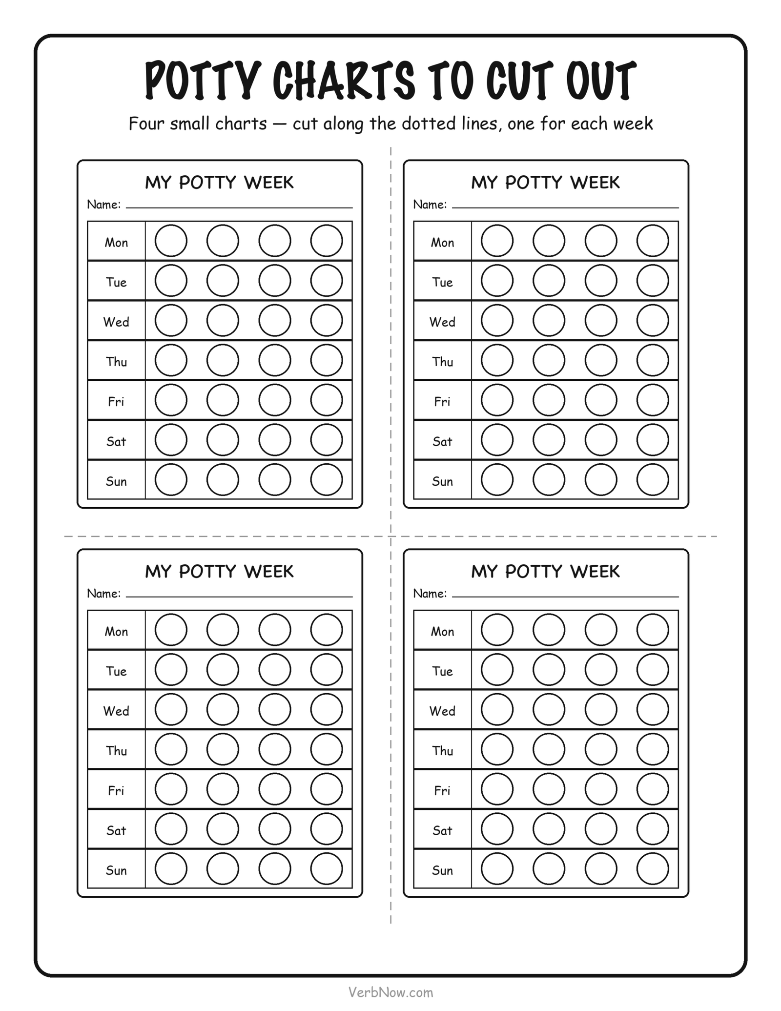 8 Free Potty Training Charts (Sticker, Weekly & Picture Steps) Sheet of four small potty training charts to cut apart, each with seven days and four boxes a day