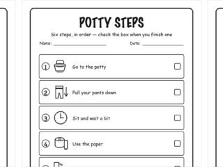 Three potty training charts side by side: a sticker chart with thirty squares, a picture step chart, and a weekly chart with circles to color
