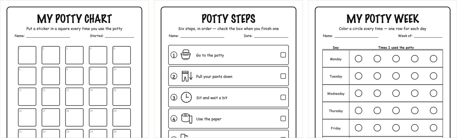 8 Free Potty Training Charts (Sticker, Weekly & Picture Steps) Three potty training charts side by side: a sticker chart with thirty squares, a picture step chart, and a weekly chart with circles to color