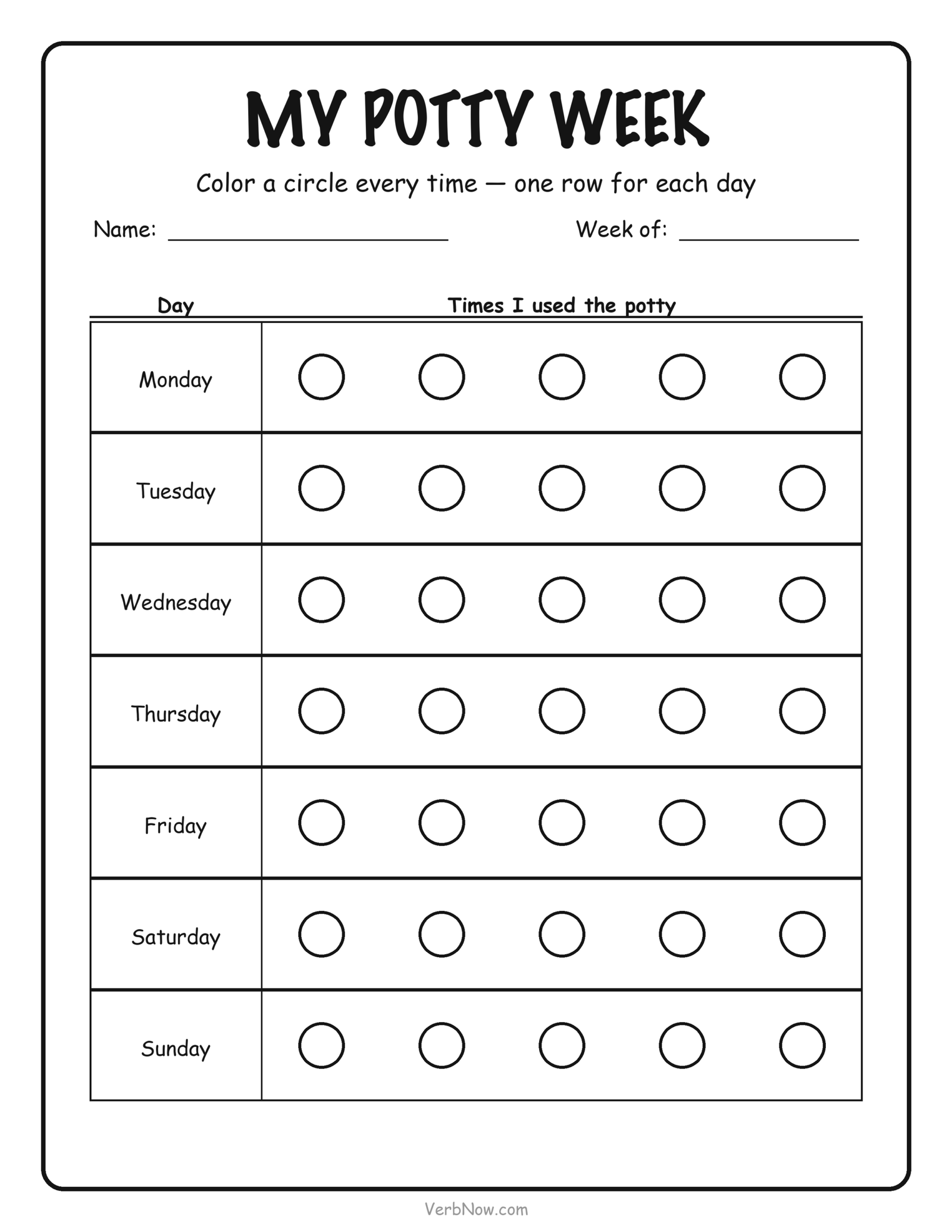 8 Free Potty Training Charts (Sticker, Weekly & Picture Steps) Weekly potty training chart with a row for each day of the week and five circles a day to fill in
