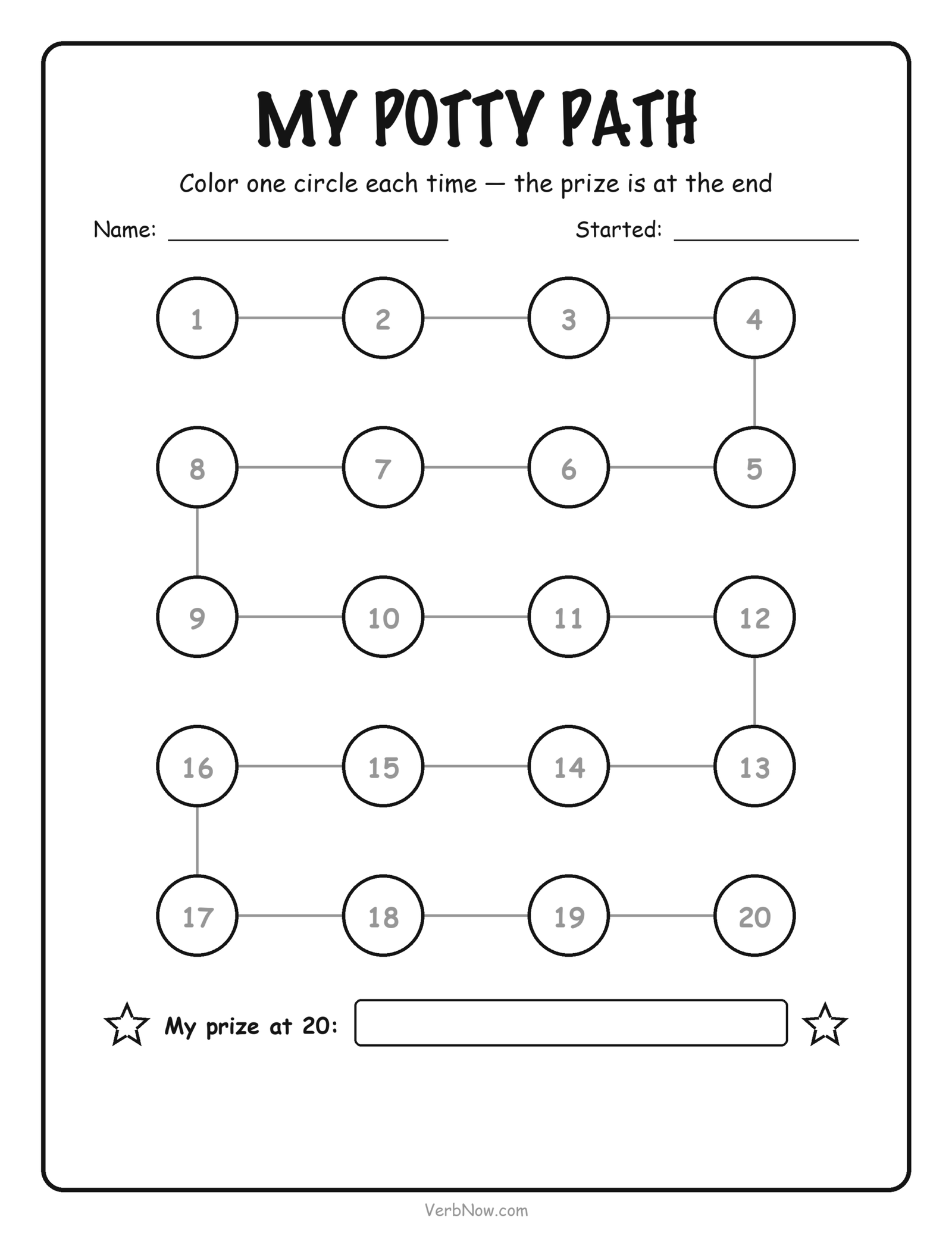 8 Free Potty Training Charts (Sticker, Weekly & Picture Steps) Potty training reward chart with twenty numbered circles to color along a path and a box to write the reward