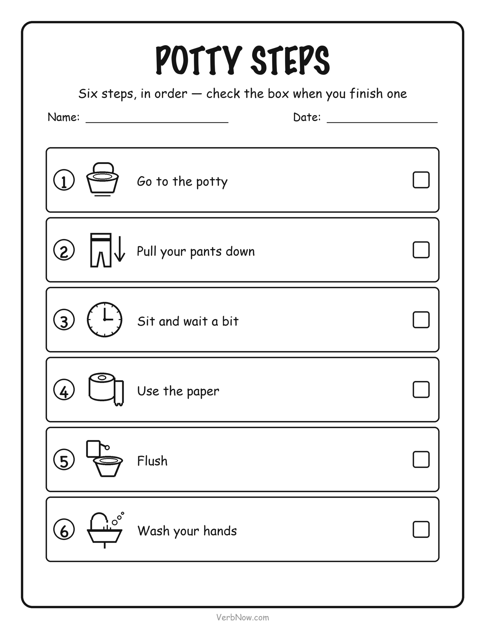 8 Free Potty Training Charts (Sticker, Weekly & Picture Steps) Potty training steps chart with six numbered pictures showing the order from sitting on the potty to washing hands