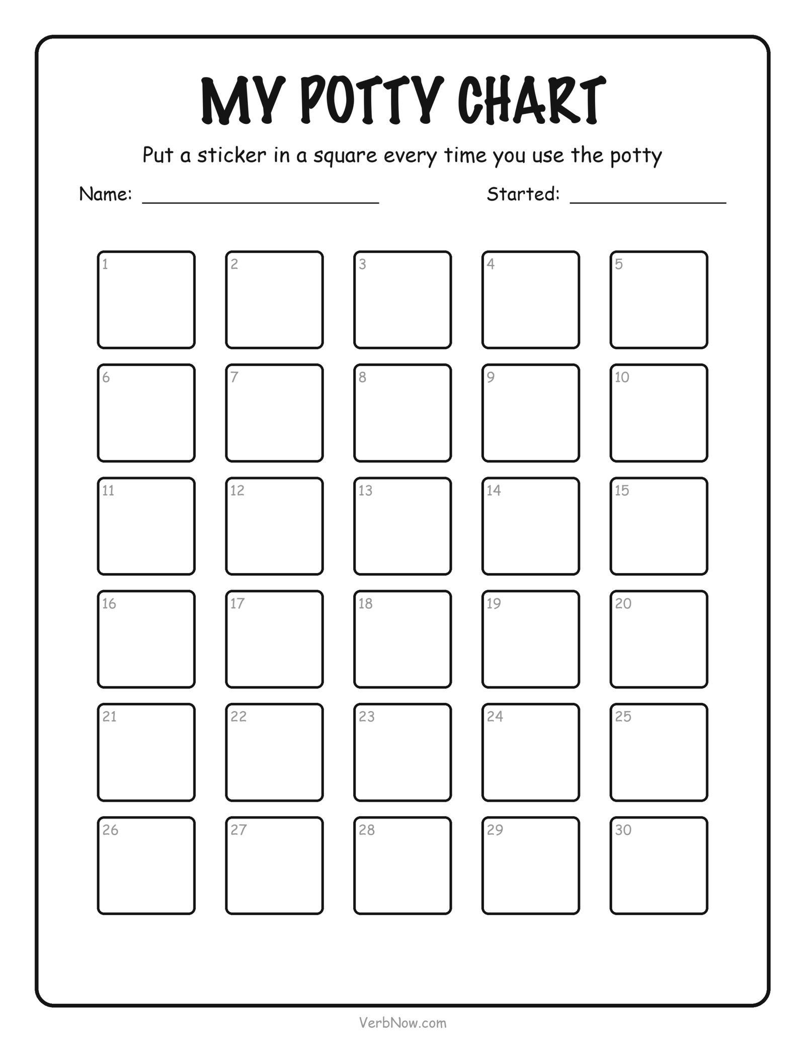 8 Free Potty Training Charts (Sticker, Weekly & Picture Steps) Potty training sticker chart with thirty large numbered squares sized for standard one inch stickers