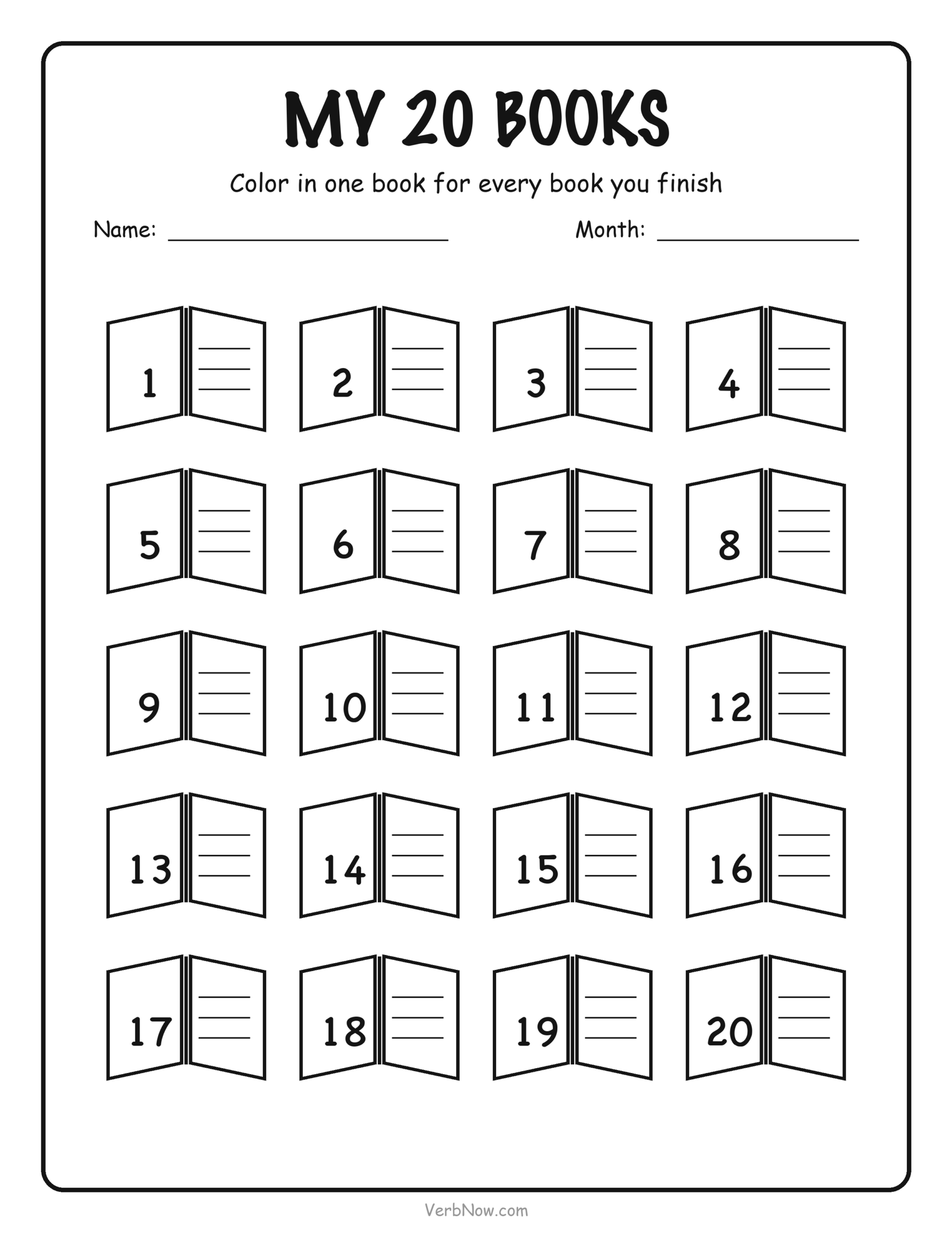 Color-in reading log for young children with twenty numbered open-book shapes to color, one for each book finished