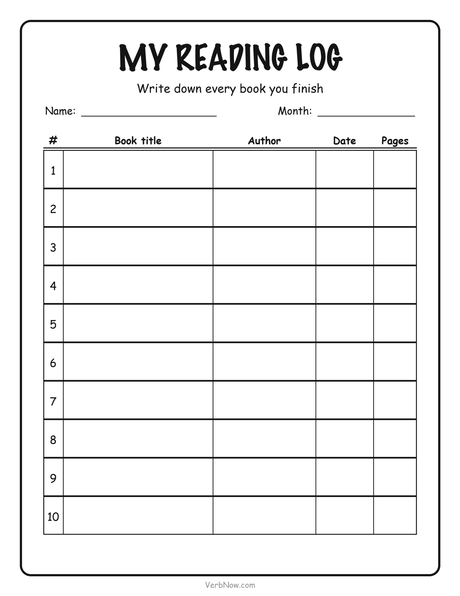 Printable reading log for elementary students with ten rows for book title, author, date finished and page count