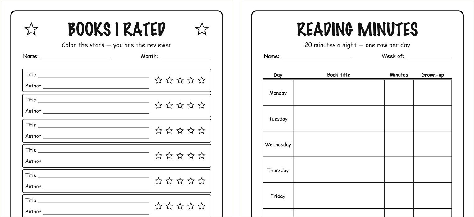 Reading log with five stars to color next to a weekly reading minutes log with a parent initial column