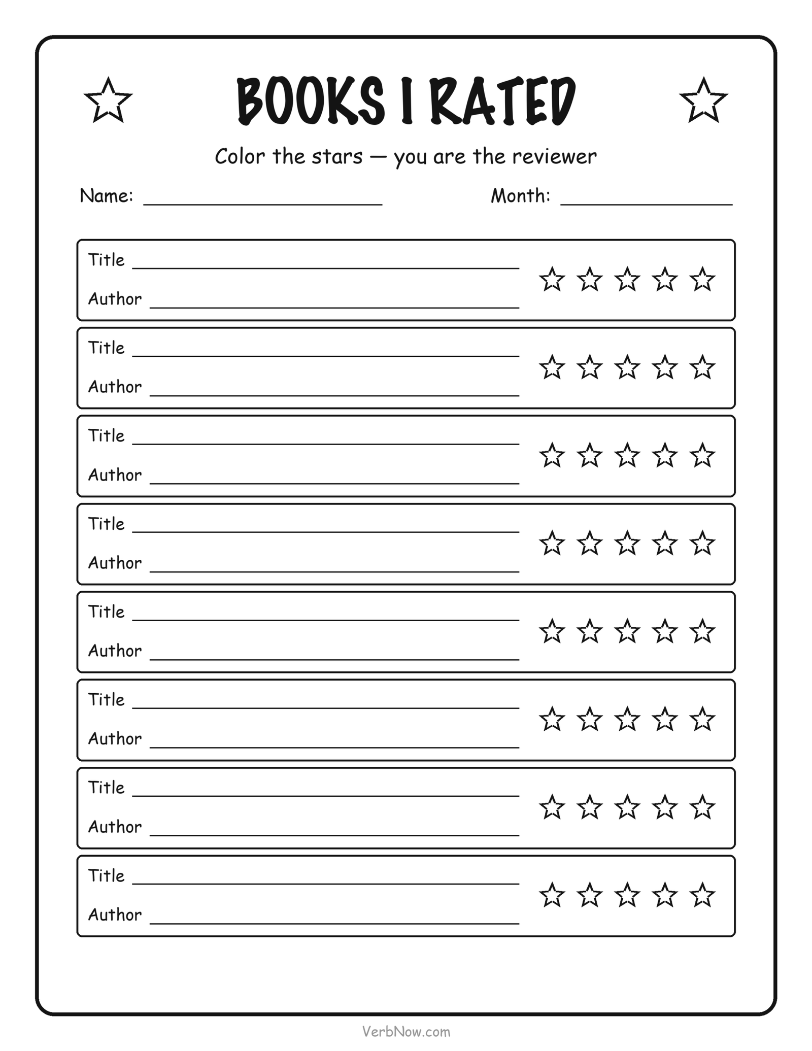Reading log with star ratings, eight book entries each with a title line, author line and five stars to color in