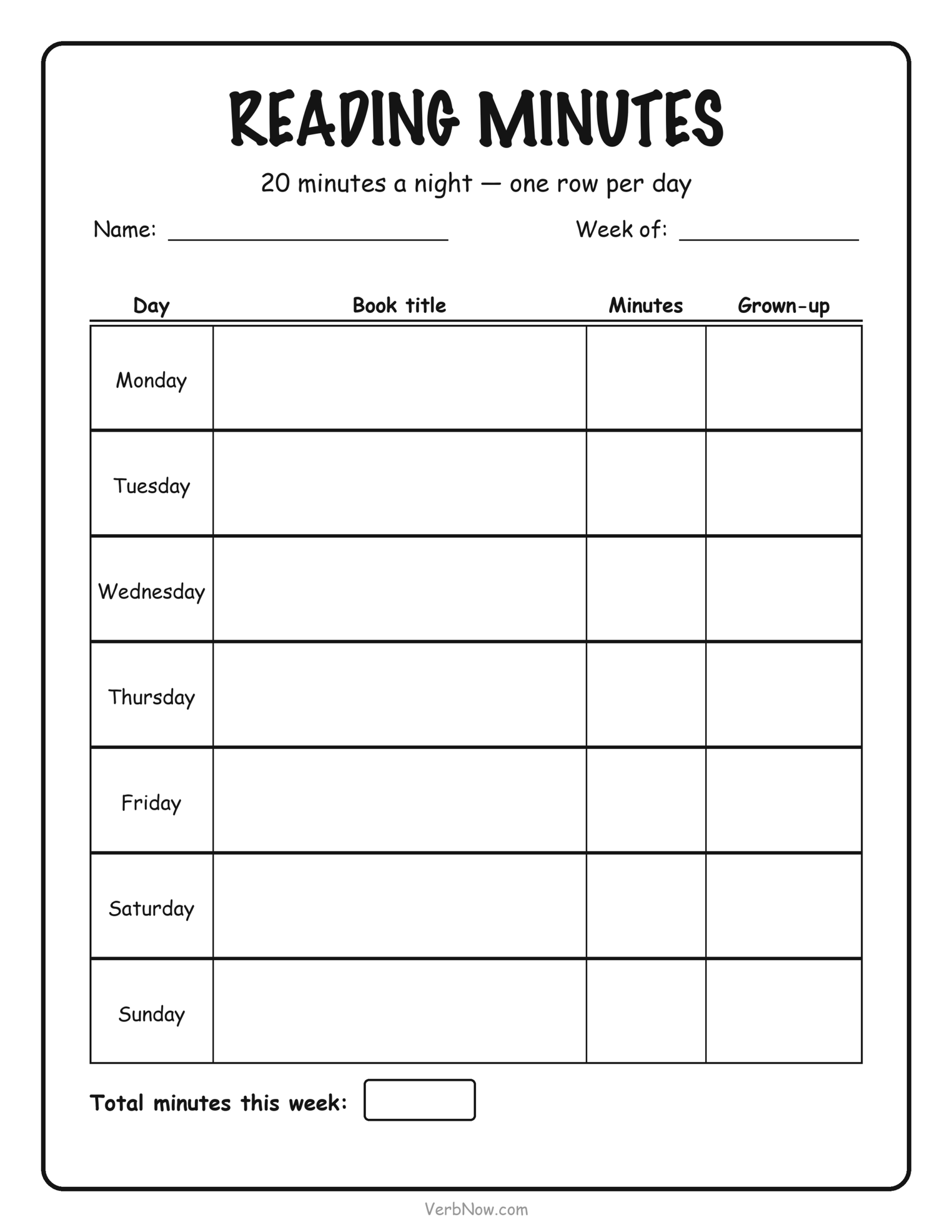 Weekly reading minutes log with seven day rows for book title, minutes read and a parent initial box plus a weekly total