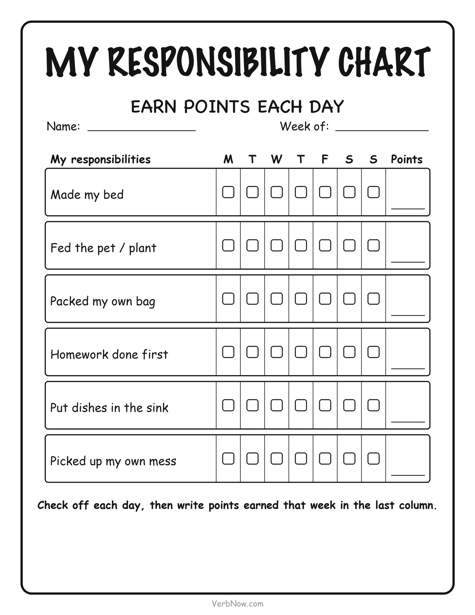 Weekly responsibility chart with 6 tasks, daily checkboxes, and a points column, free printable