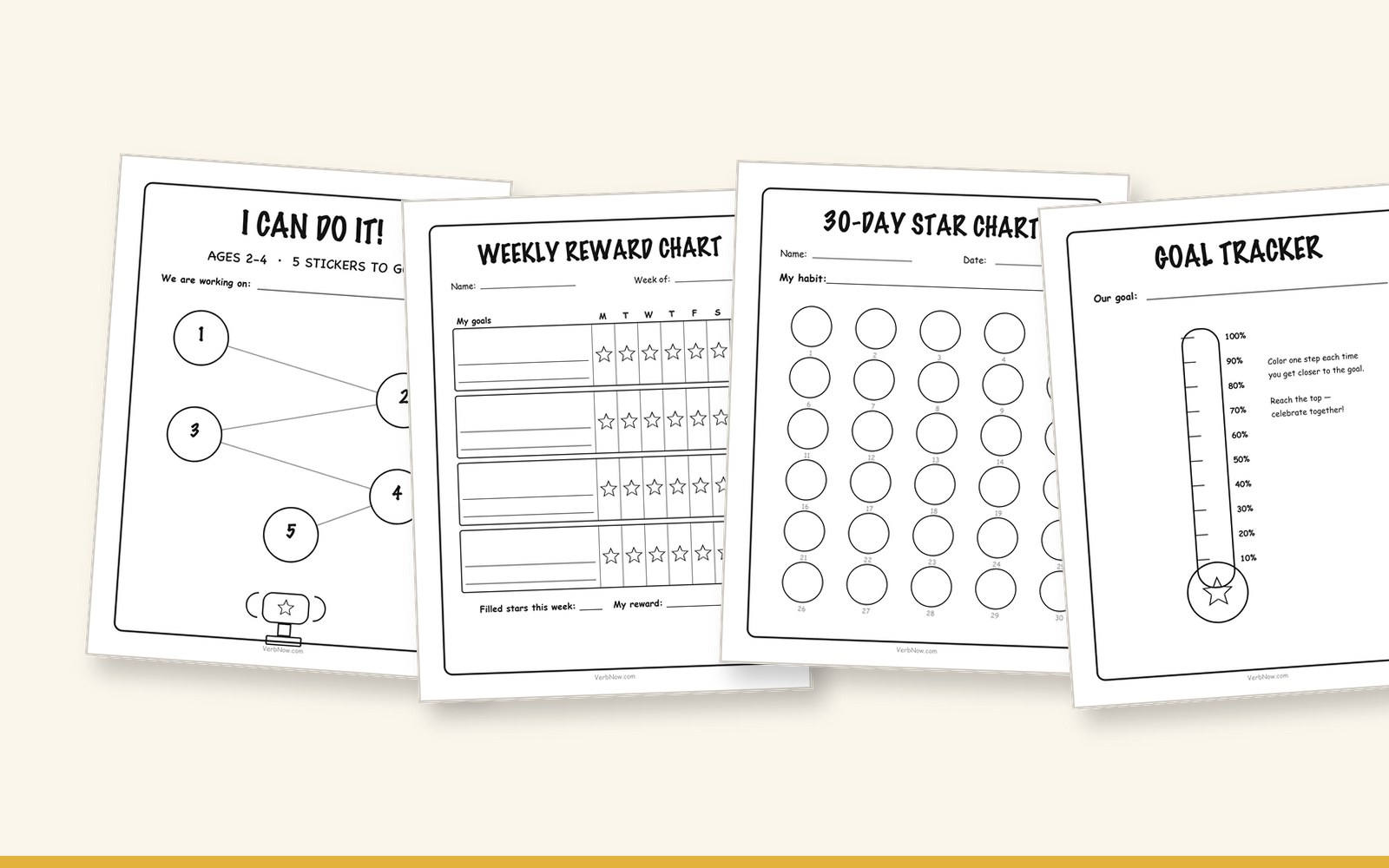 8 Free Printable Reward Charts (Sticker Charts, Punch Cards & Coupons) Toddler five-step chart, weekly reward chart, 30-day star chart and goal thermometer side by side